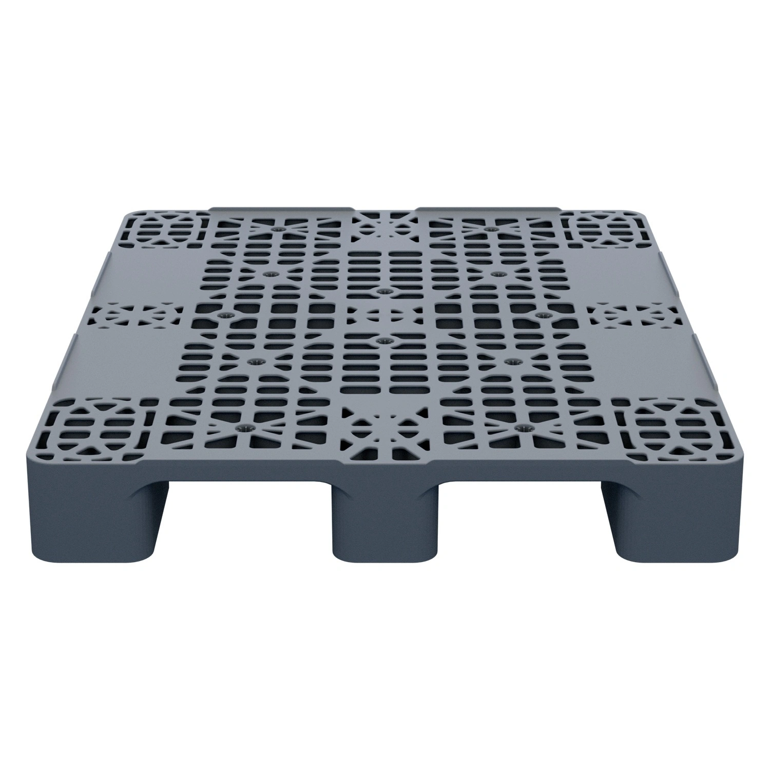 Пластиковый паллет 1200x1000x150 мм iPlast серый многооборотный перфорированный на 3 полозьях с бортиком