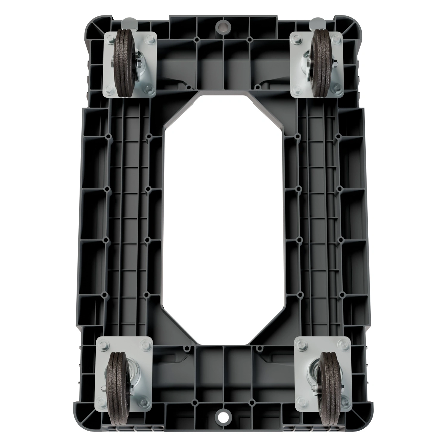 Складская тележка 620x420x185 мм iPlast серая 4-колёсная (2 колеса с тормозом) с отверстием