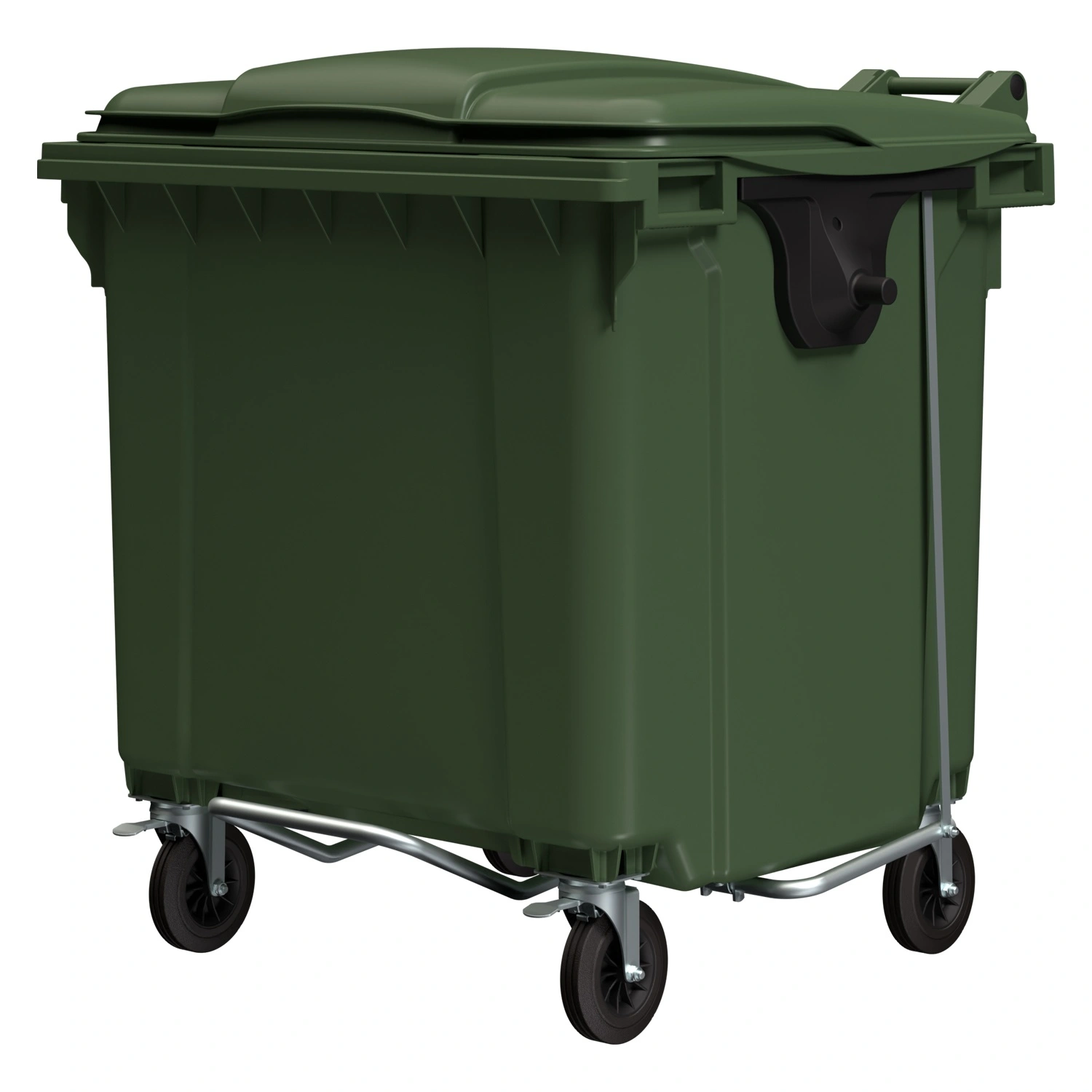Мусорный контейнер 1100 л iPlast зелёный 4-х колёсный с зелёной крышкой и педалью открывания