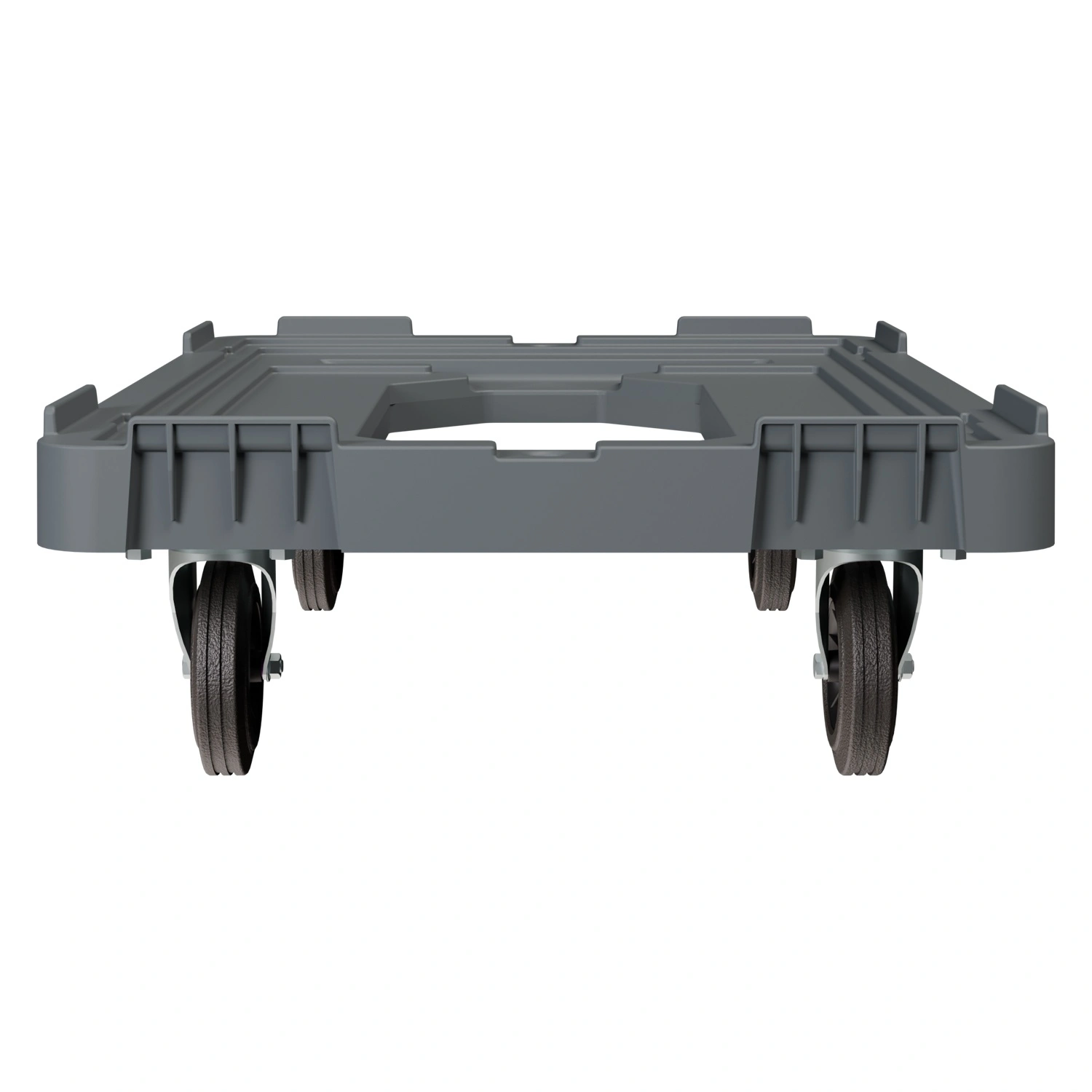 Складская тележка 620х420х185 мм iPlast серая 4-колёсная (2 колеса с тормозом) с отверст. и 2 трубами усил.