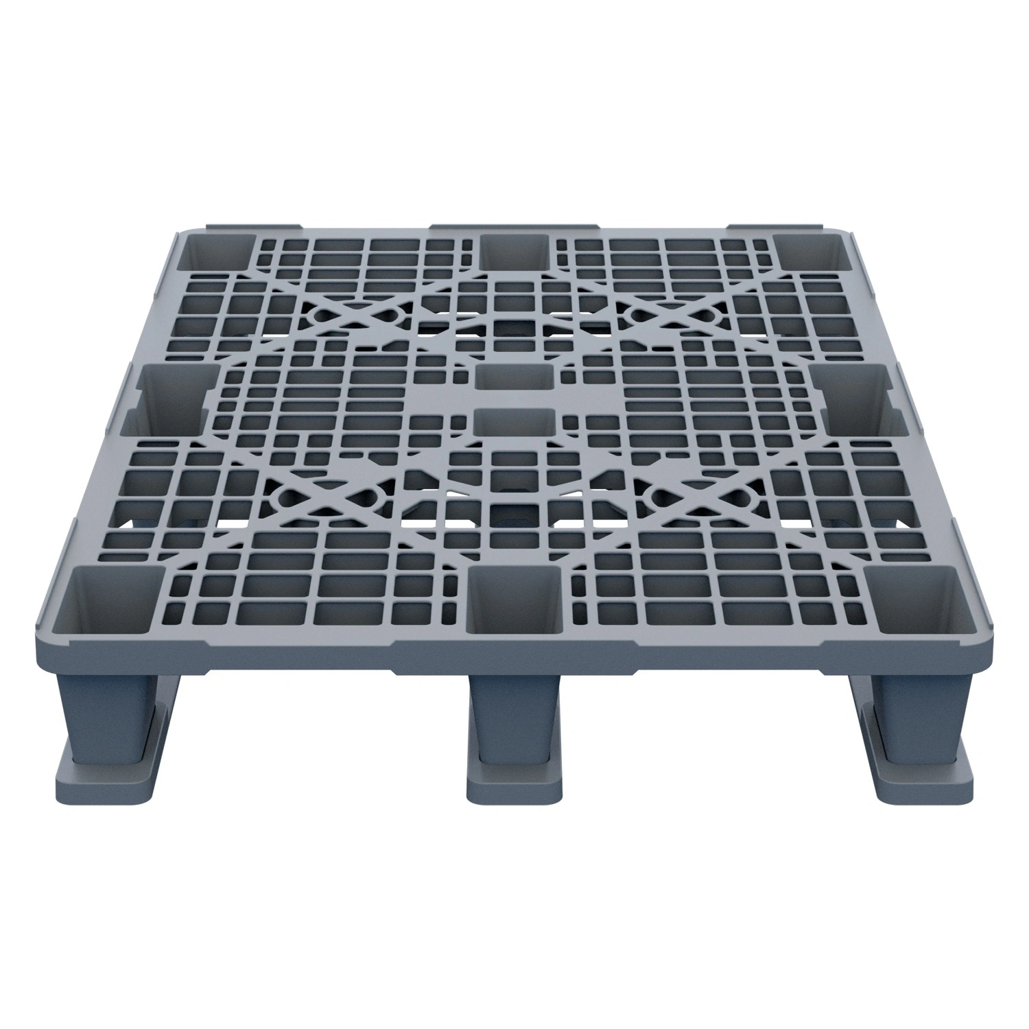 Пластиковый паллет 1200x800x150 мм iPlast серый многооборотный перфорированный на 3 полозьях с бортиком