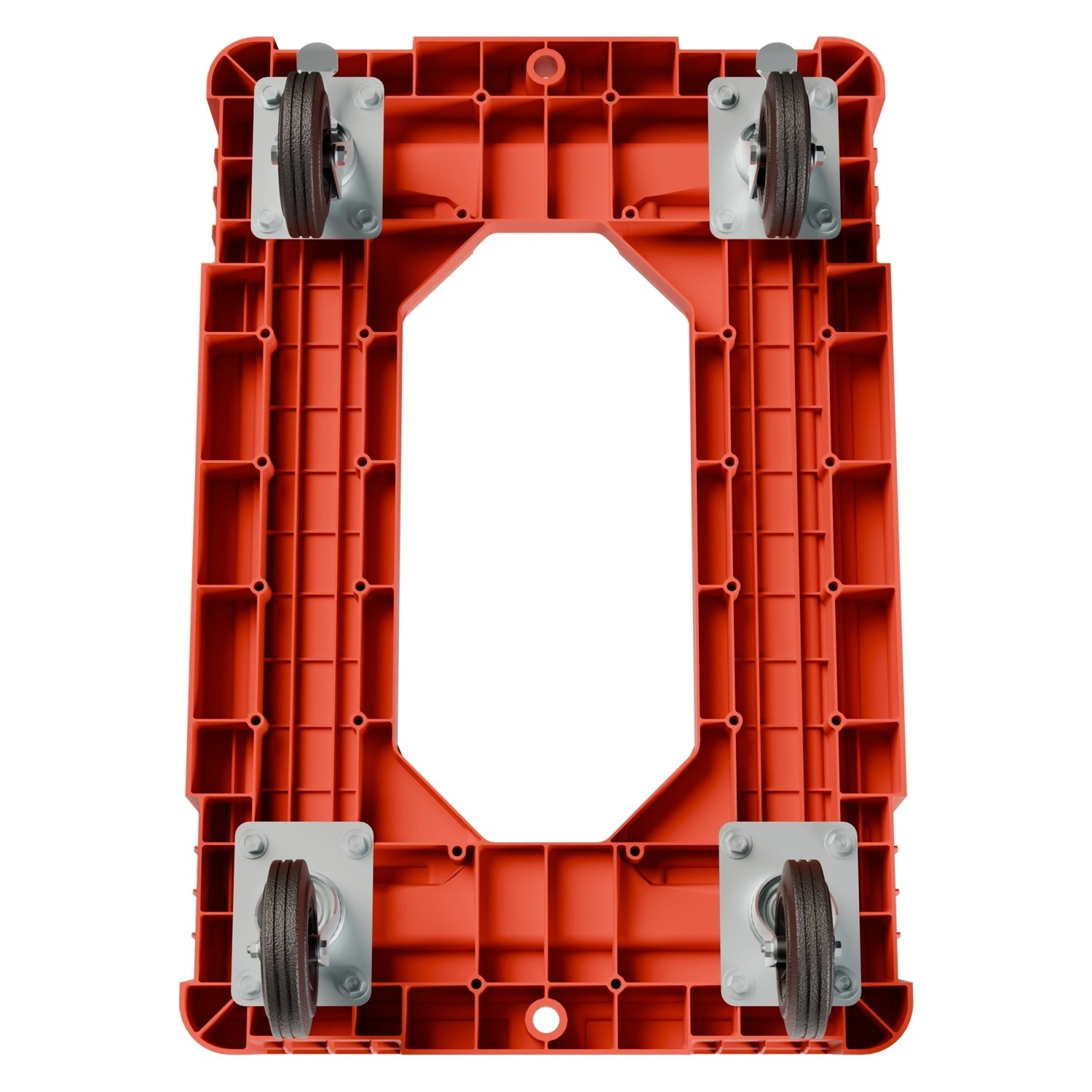 Складская тележка 620x420x185 мм iPlast красная 4-колёсная (2 колеса с тормозом) с отверстием