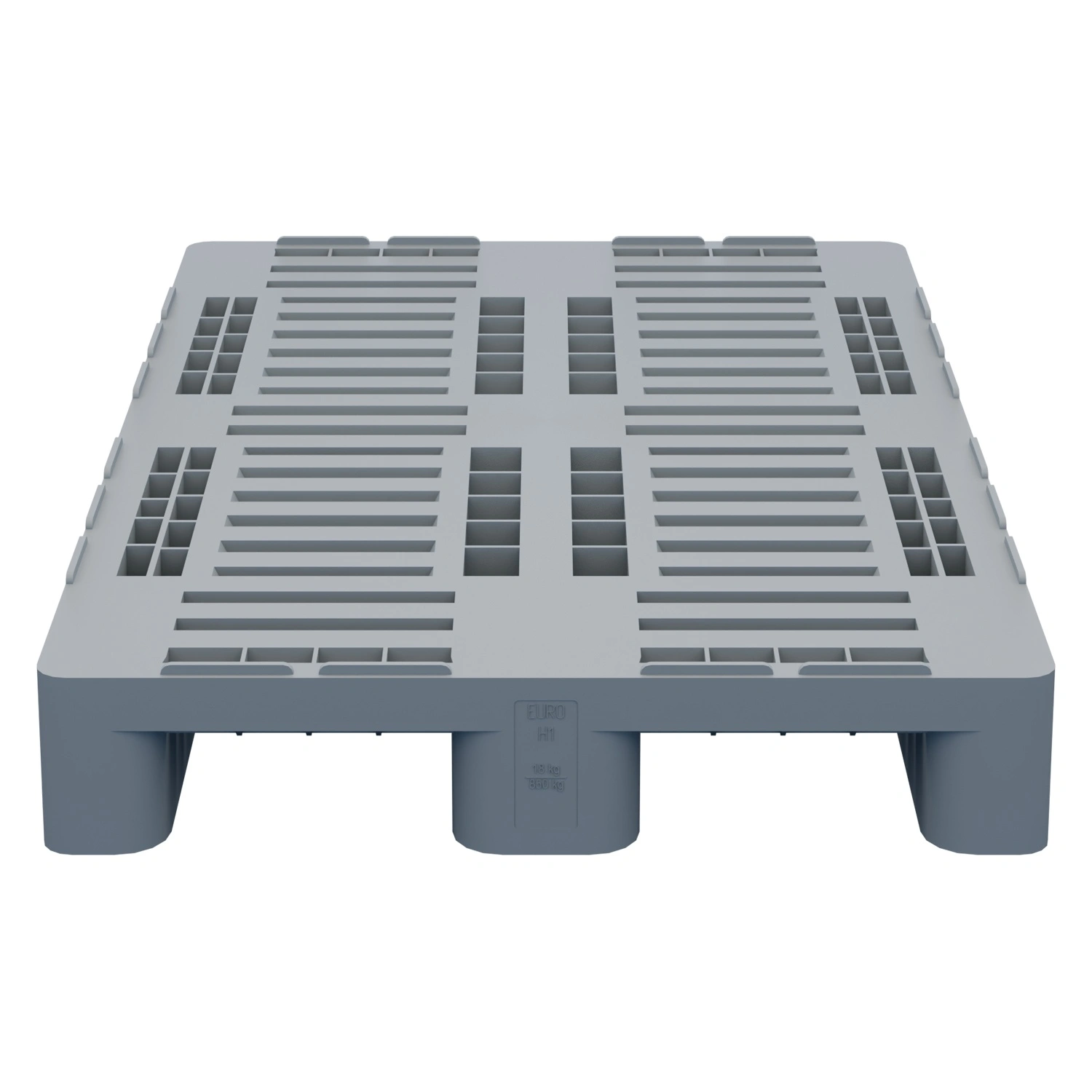Пластиковый паллет 1200х800х155 мм iPlast светло-серый перфорированный на 3 полозьях с бортиком с логотипом