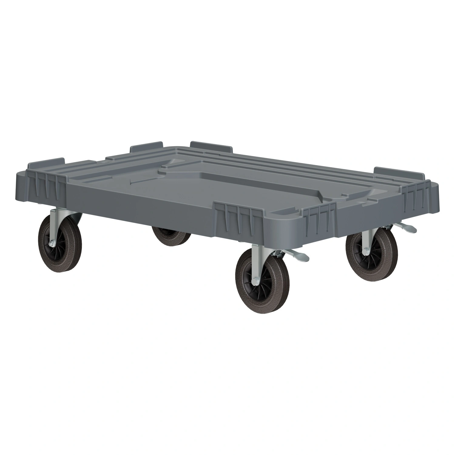 Складская тележка 620х420х185 мм iPlast серая 4-колёсная (2 колеса с тормозом) с 2 трубами усиления