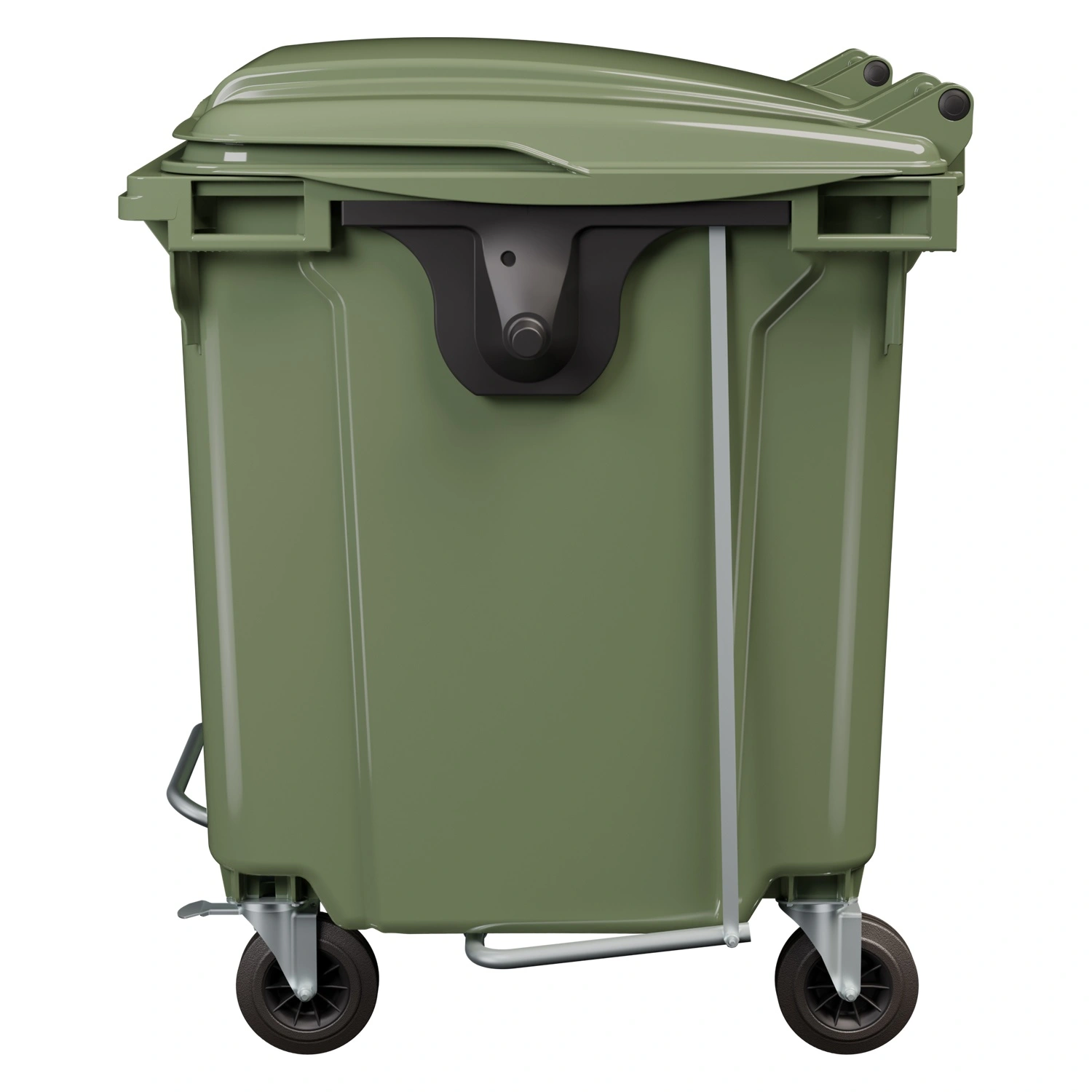 Мусорный контейнер 1100 л iPlast зелёный 4-х колёсный с зелёной крышкой и педалью открывания