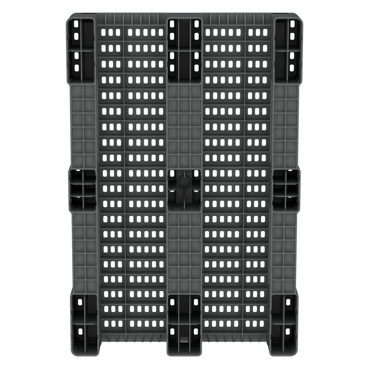 Пластиковый паллет 1200х800х150 мм iPlast серый перфорированный на 3 полозьях с бортиком и 2 трубами усиления