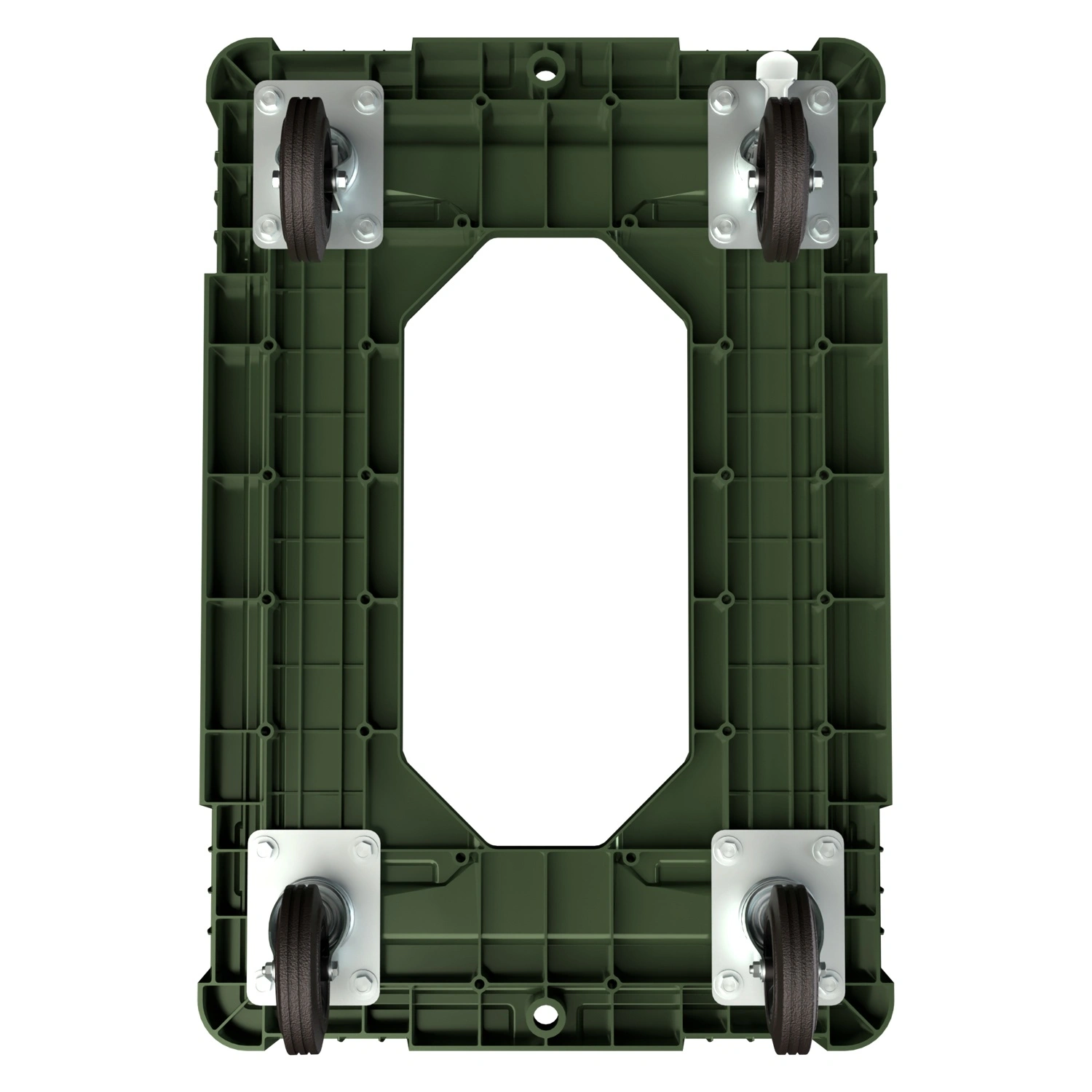 Складская тележка 620x420x185 мм iPlast зелёная 4-колёсная, без тормоза с отверстием Складская тележка 620x420x185 мм iPlast зелёная 4-колёсная, без тормоза с отверстием
