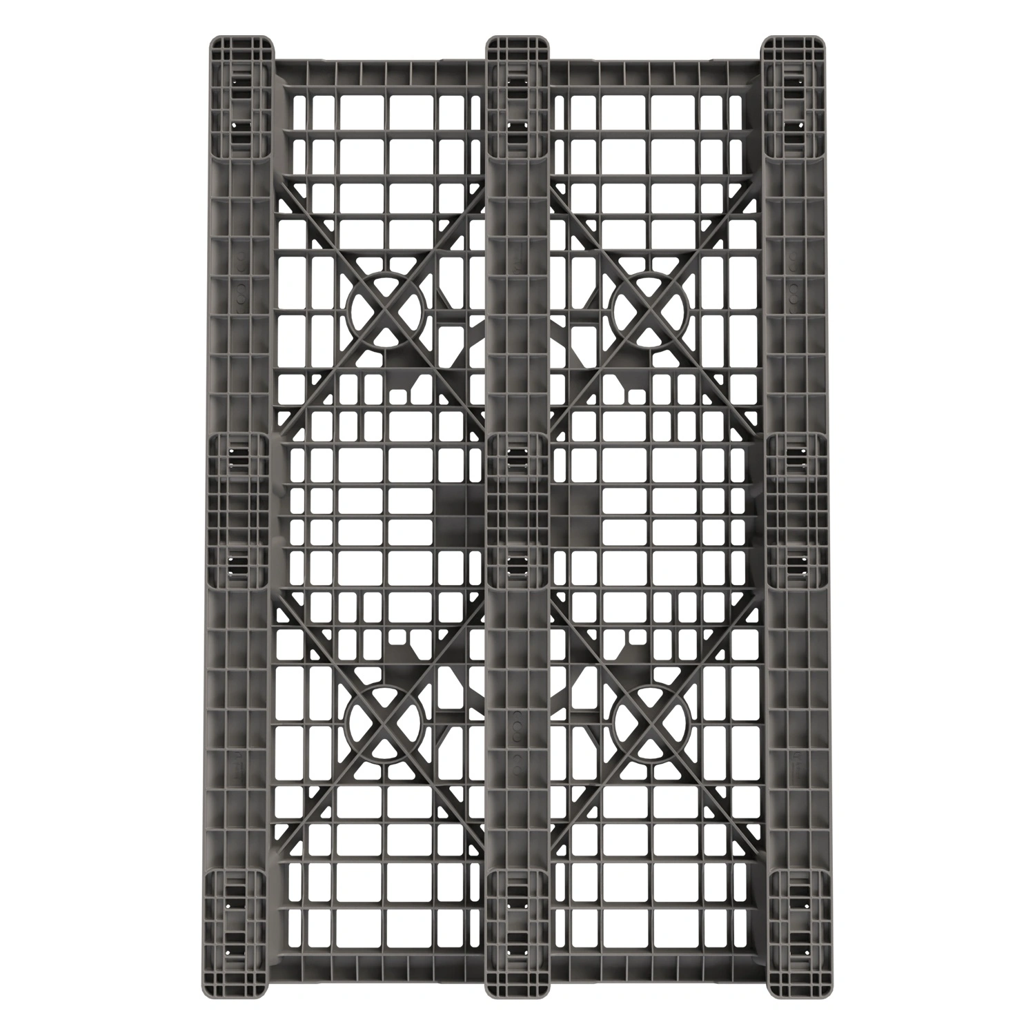 Пластиковый паллет 1200x800x150 мм iPlast серый многооборотный перфорированный на 3 полозьях с бортиком