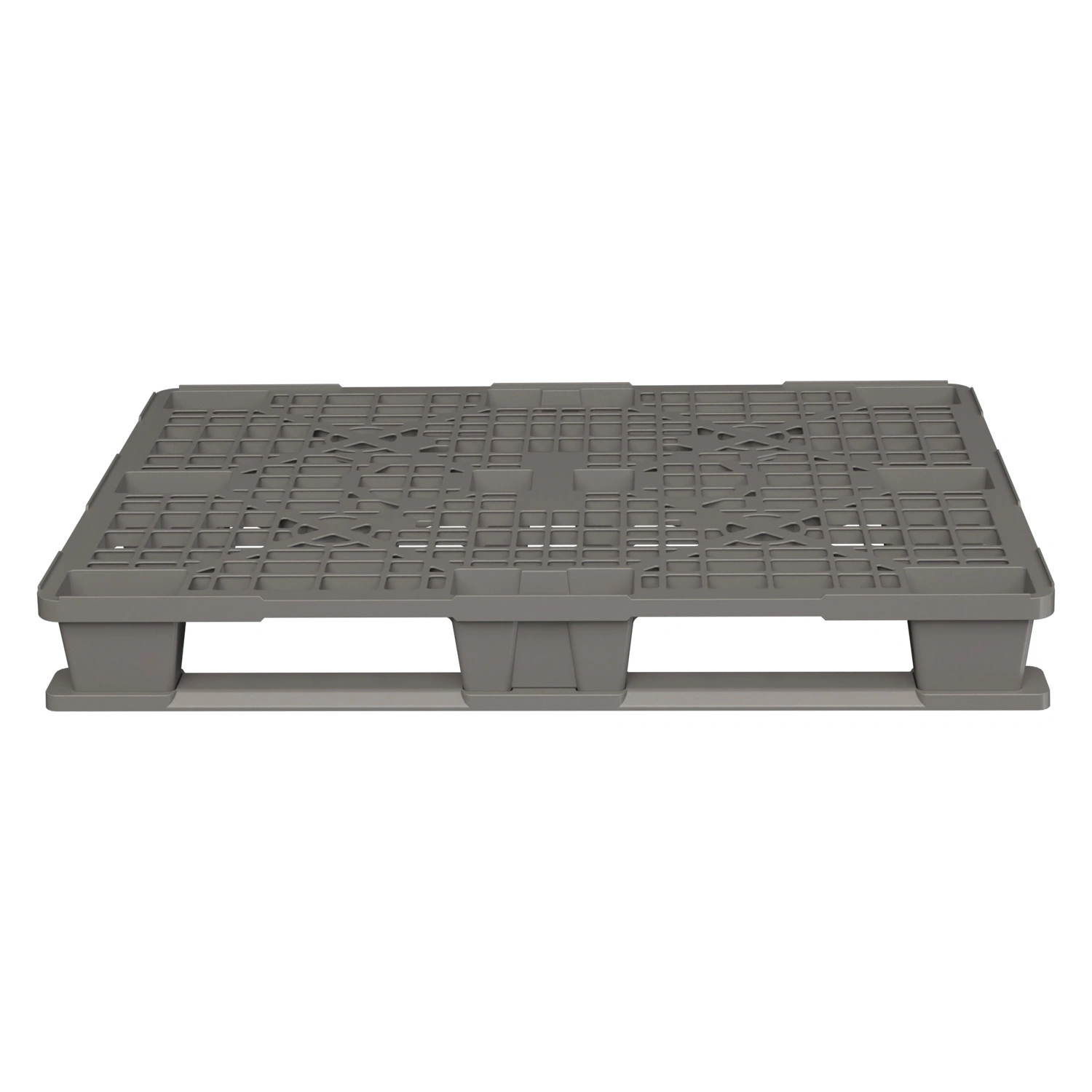 Пластиковый паллет 1200x800x150 мм iPlast серый многооборотный перфорированный на 3 полозьях с бортиком