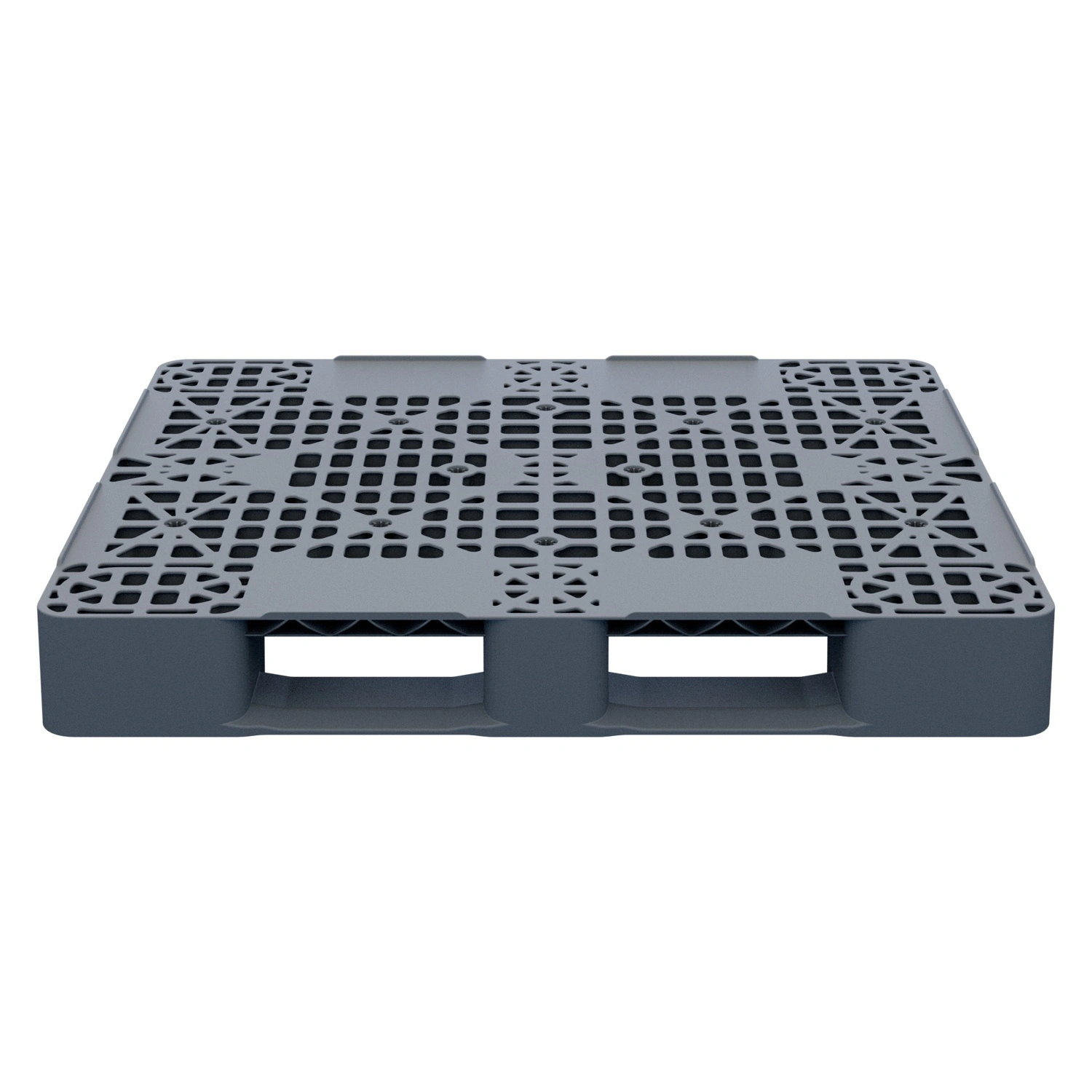 Пластиковый паллет 1200x1000x150 мм iPlast серый многооборотный перфорированный на 3 полозьях с бортиком
