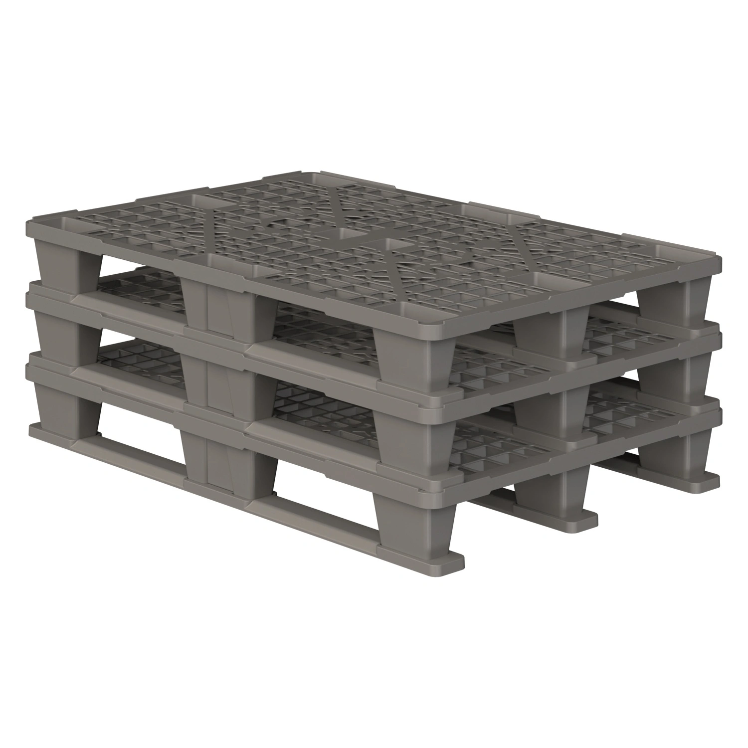 Пластиковый паллет 1200x800x150 мм iPlast серый многооборотный перфорированный на 3 полозьях с бортиком