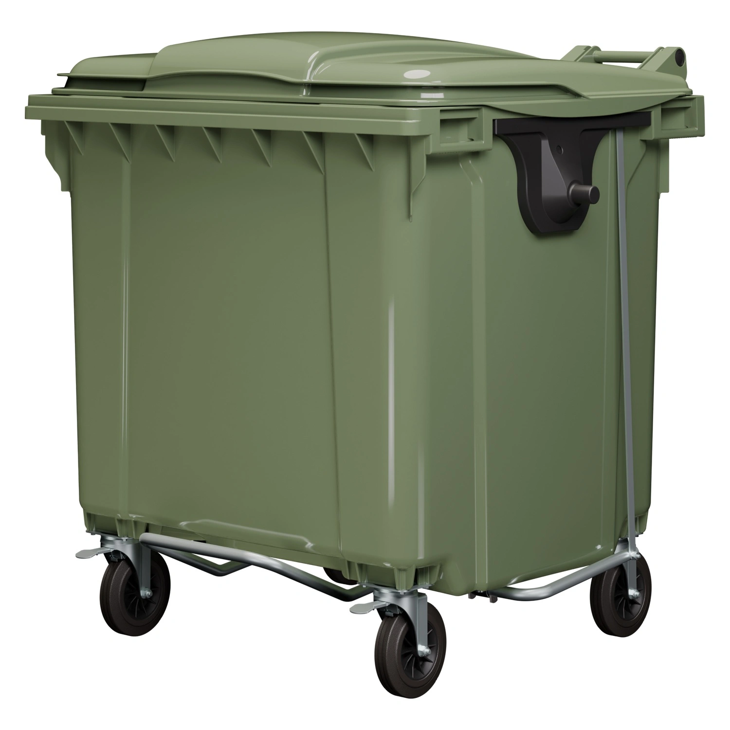 Мусорный контейнер 1100 л iPlast зелёный 4-х колёсный с зелёной крышкой и педалью открывания