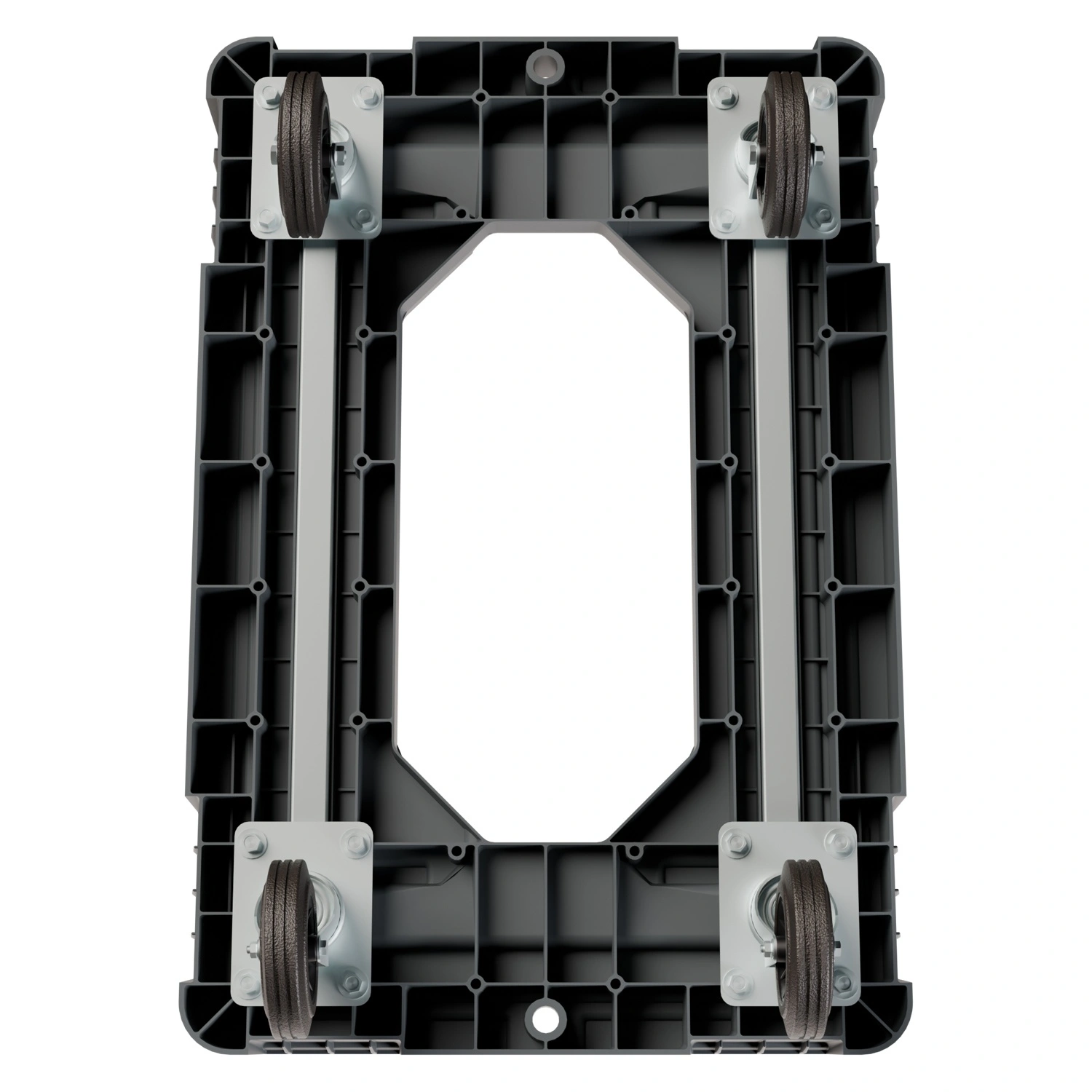 Складская тележка 620х420х185 мм iPlast серая 4-колёсная (2 колеса с тормозом) с отверст. и 2 трубами усил.