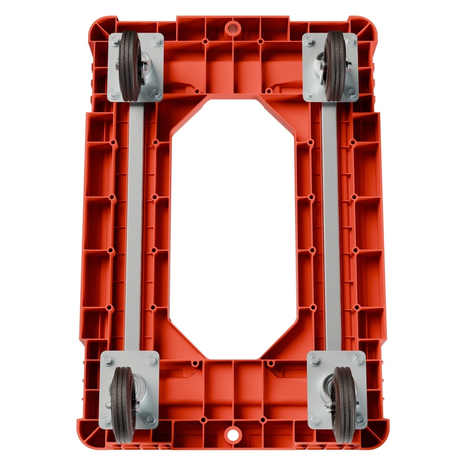 Складская тележка 620х420х185 мм iPlast красная 4-колёсн. (2 колеса с тормозом) с отверст. и 2 трубами усил.