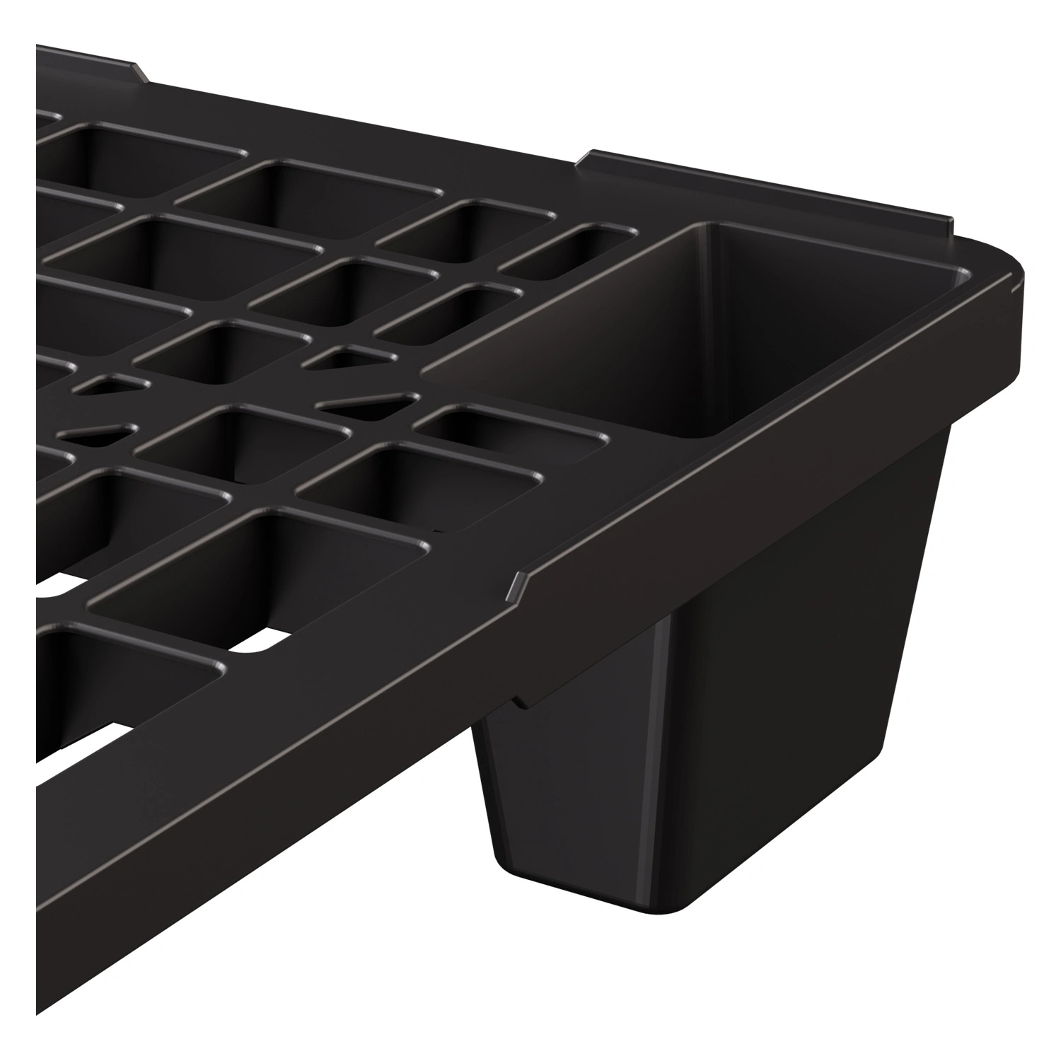 Пластиковый паллет 1200x800x140 мм iPlast чёрный ЭКО перфорированный на ножках с бортиком Пластиковый паллет 1200x800x140 мм iPlast чёрный ЭКО перфорированный на ножках с бортиком