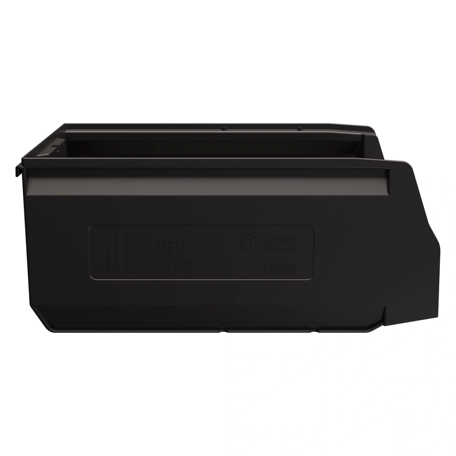 Складской лоток Logic Store 350х225х150 мм iPlast чёрный ЭКО с отверстиями для продольной перегород. и наклейкой Складской лоток Logic Store 350х225х150 мм iPlast чёрный ЭКО с отверстиями для продольной перегород. и наклейкой