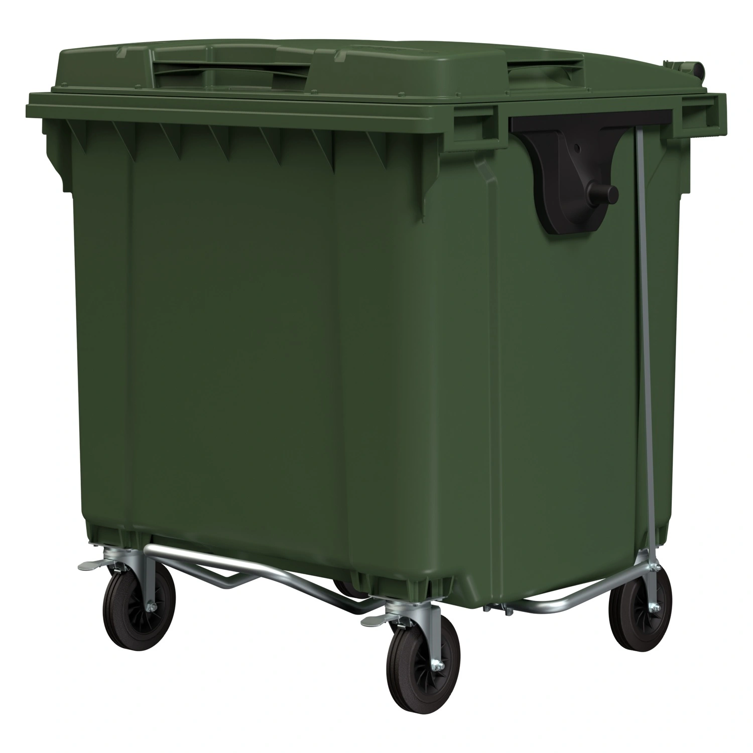 Мусорный контейнер 1100 л iPlast зелёный 4-колёсный с зелёной крышкой и педалью открывания