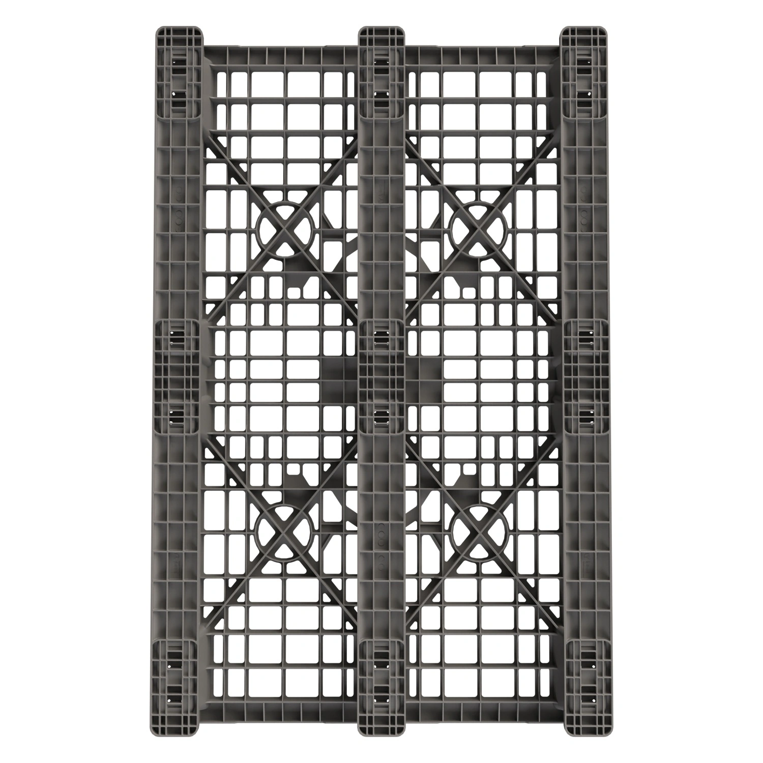 Пластиковый паллет 1200x800x150 мм iPlast серый многооборотный перфорированный на 3 полозьях с бортиком