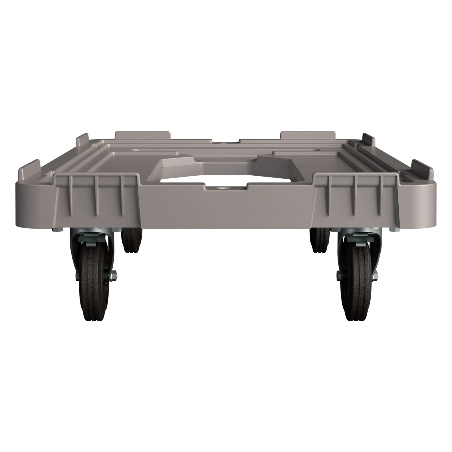 Складская тележка 620x420x185 мм iPlast серая 4-колёсная, без тормоза с отверстием Складская тележка 620x420x185 мм iPlast серая 4-колёсная, без тормоза с отверстием