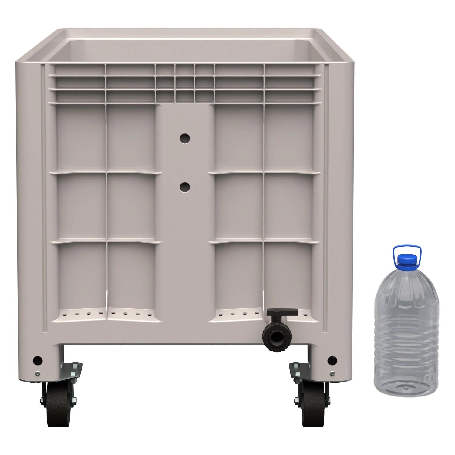 Большой контейнер 1200х800х920 мм iPlast iBOX светло-серый со сплош. стенками и дном, на колёсах с краном 1 дюйм Большой контейнер 1200х800х920 мм iPlast iBOX светло-серый со сплош. стенками и дном, на колёсах с краном 1 дюйм
