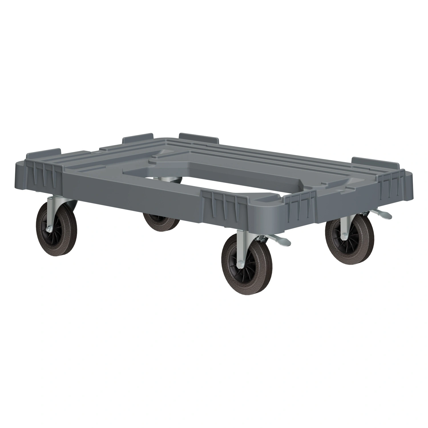 Складская тележка 620x420x185 мм iPlast серая 4-колёсная (2 колеса с тормозом) с отверстием