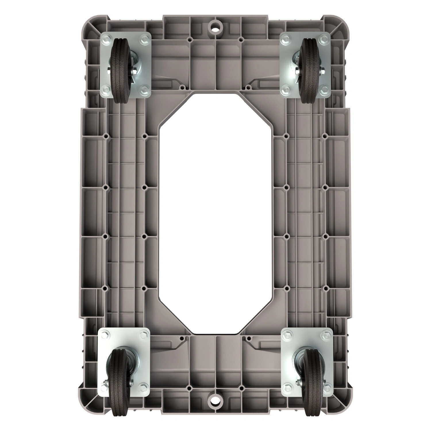 Складская тележка 620x420x185 мм iPlast серая 4-колёсная, без тормоза с отверстием Складская тележка 620x420x185 мм iPlast серая 4-колёсная, без тормоза с отверстием