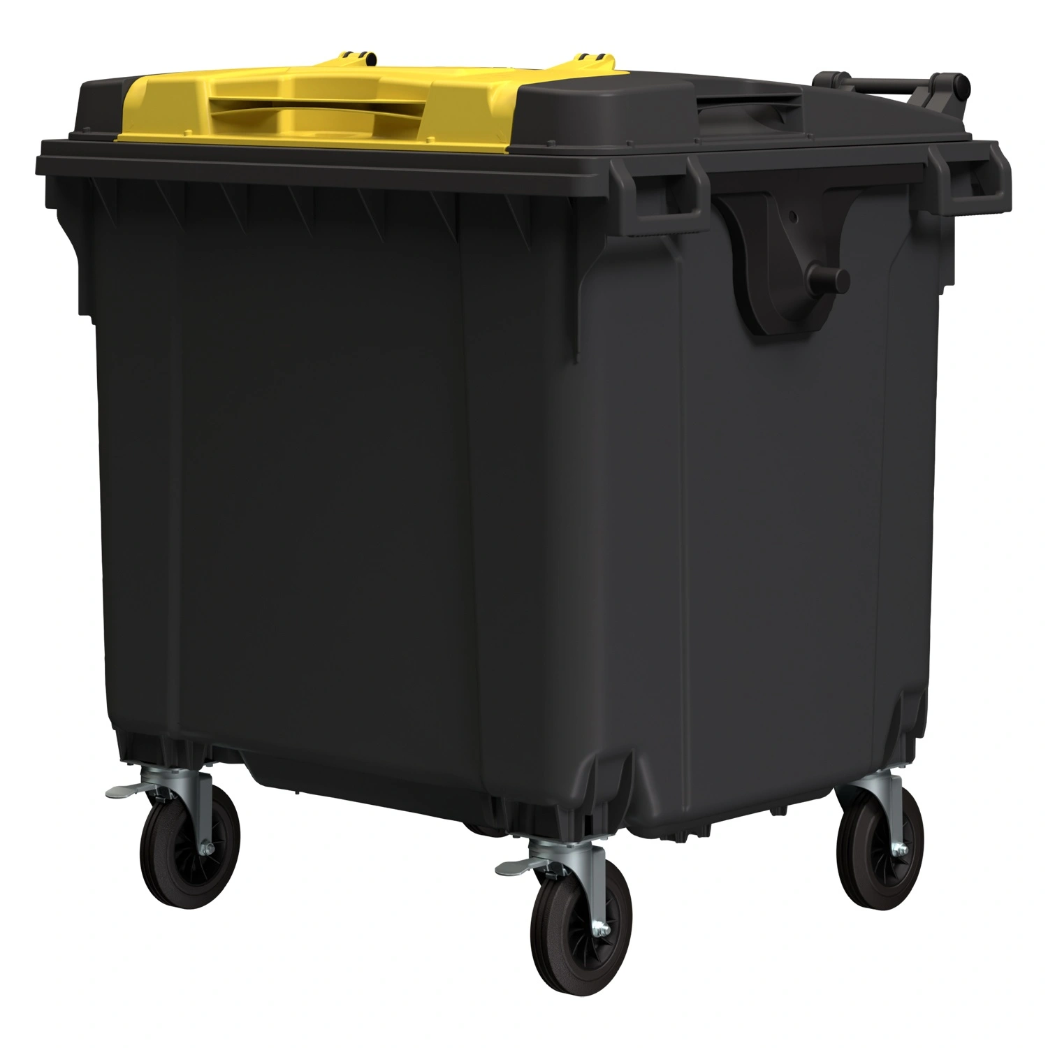 Мусорный контейнер 1100 л iPlast тёмно-серый 4-колёсный с жёлтой крышкой TwinLid