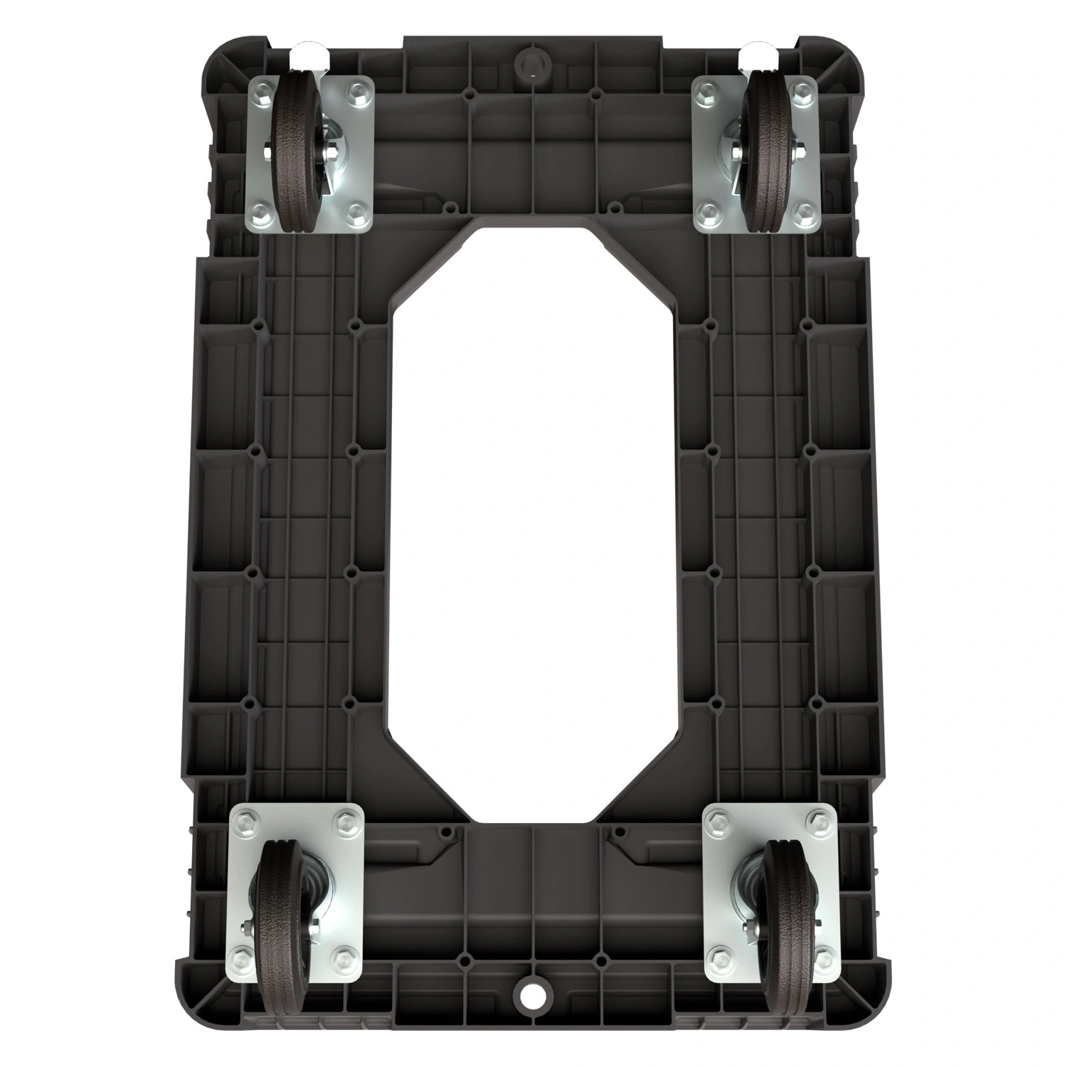 Складская тележка 620x420x185 мм iPlast серая 4-колёсная (2 колеса с тормозом) с отверстием