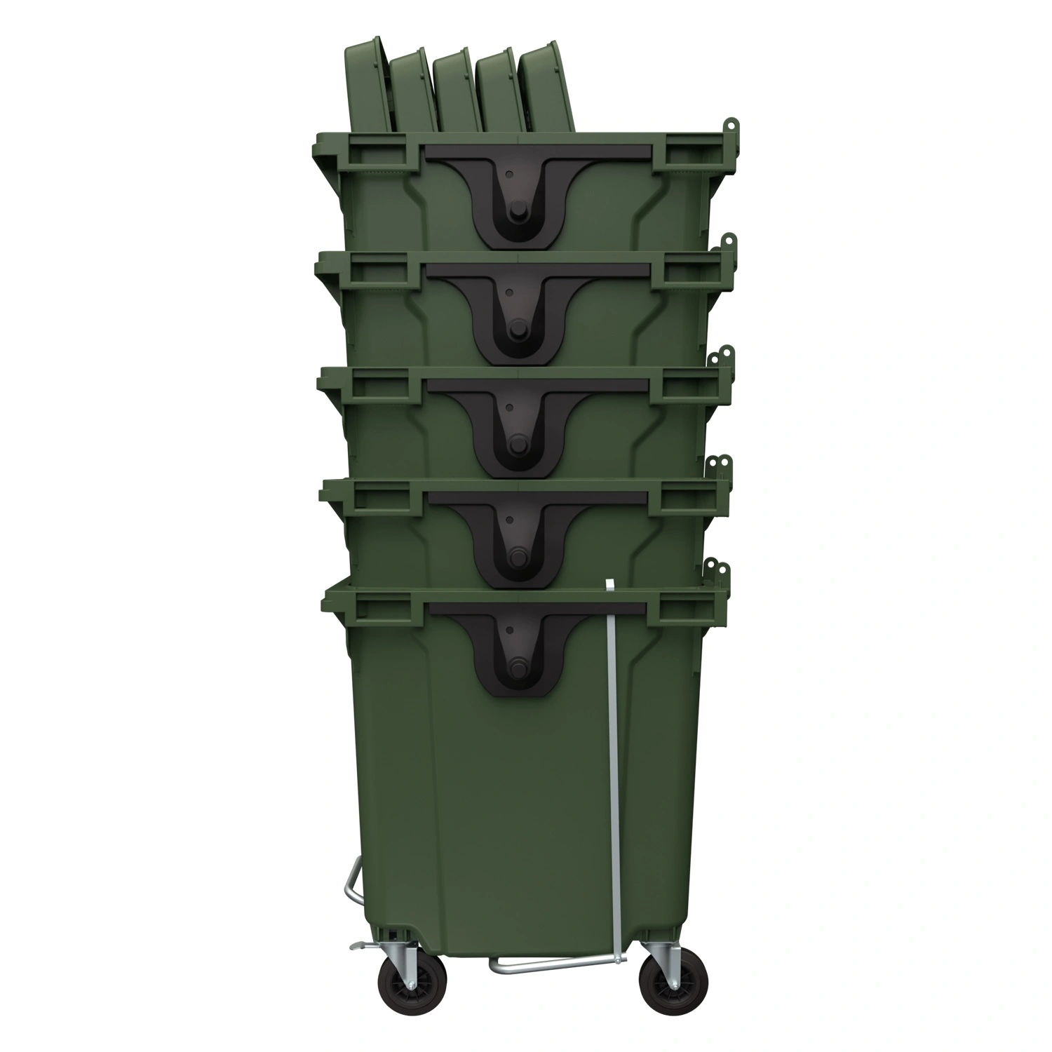 Мусорный контейнер 1100 л iPlast зелёный 4-колёсный с зелёной крышкой и педалью открывания Мусорный контейнер 1100 л iPlast зелёный 4-колёсный с зелёной крышкой и педалью открывания