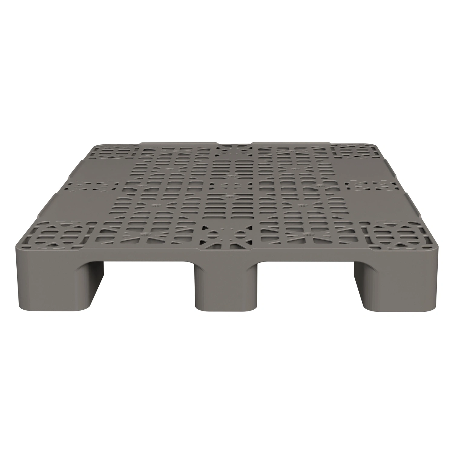 Пластиковый паллет 1200x1000x150 мм iPlast серый многооборотный перфорированный на 3 полозьях с бортиком
