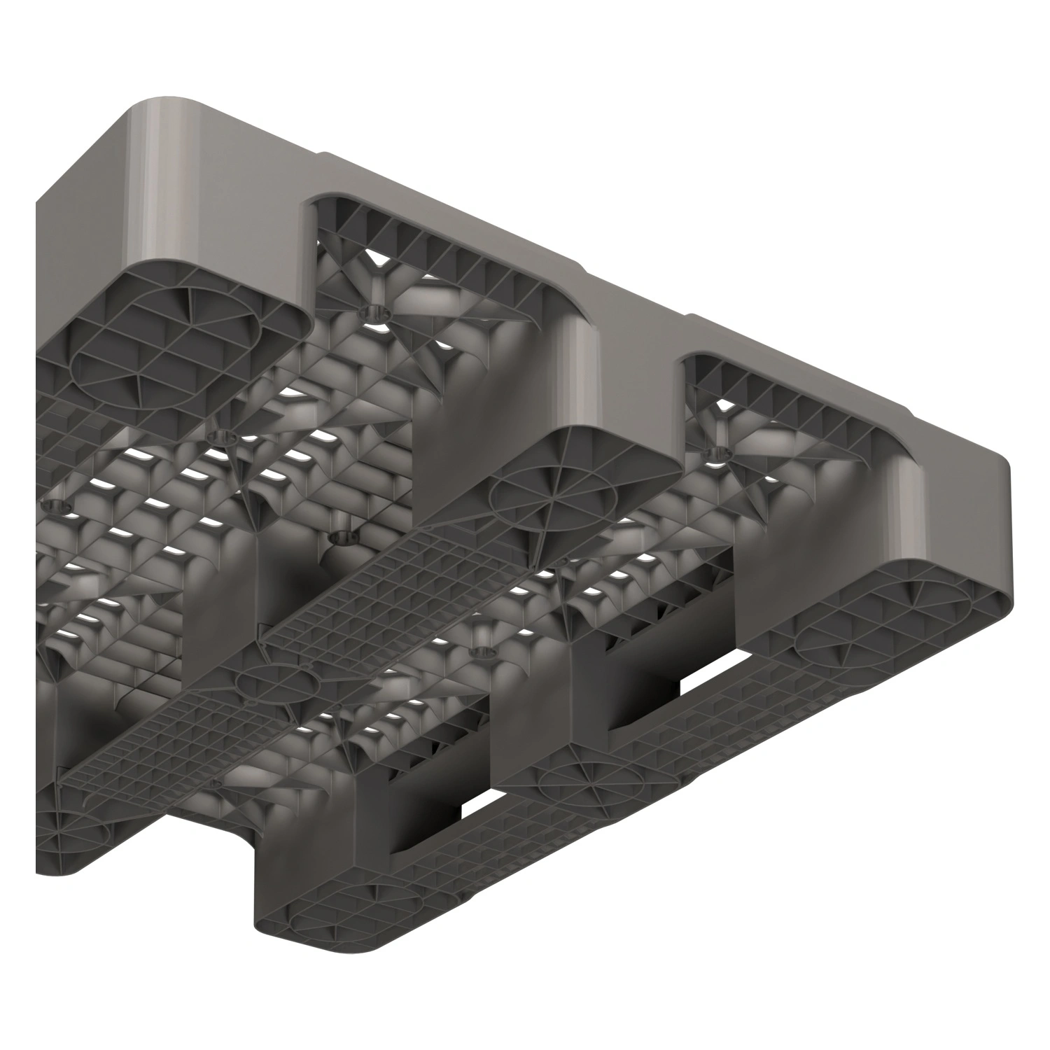 Пластиковый паллет 1200x1000x150 мм iPlast серый многооборотный перфорированный на 3 полозьях с бортиком