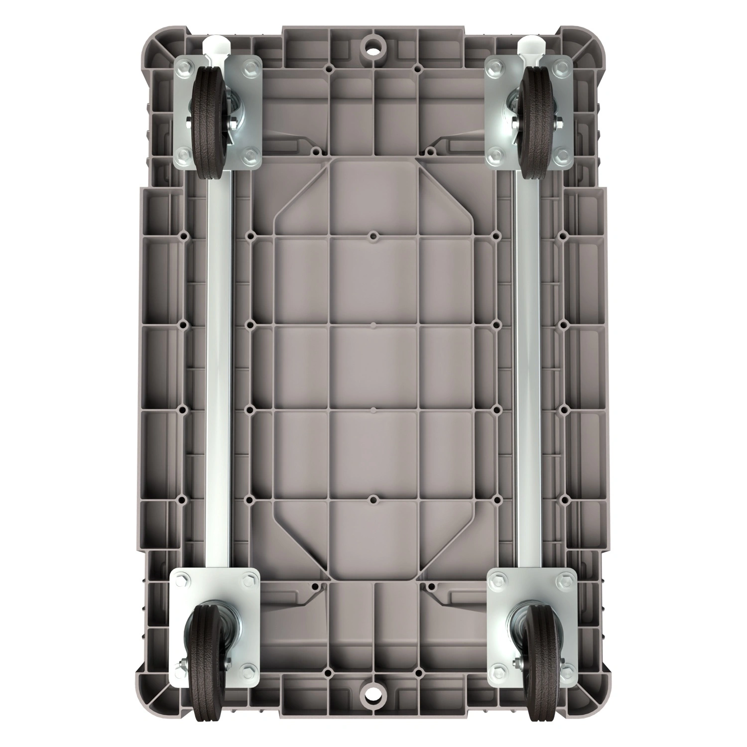 Складская тележка 620х420х185 мм iPlast серая 4-колёсная (2 колеса с тормозом) с 2 трубами усиления Складская тележка 620х420х185 мм iPlast серая 4-колёсная (2 колеса с тормозом) с 2 трубами усиления