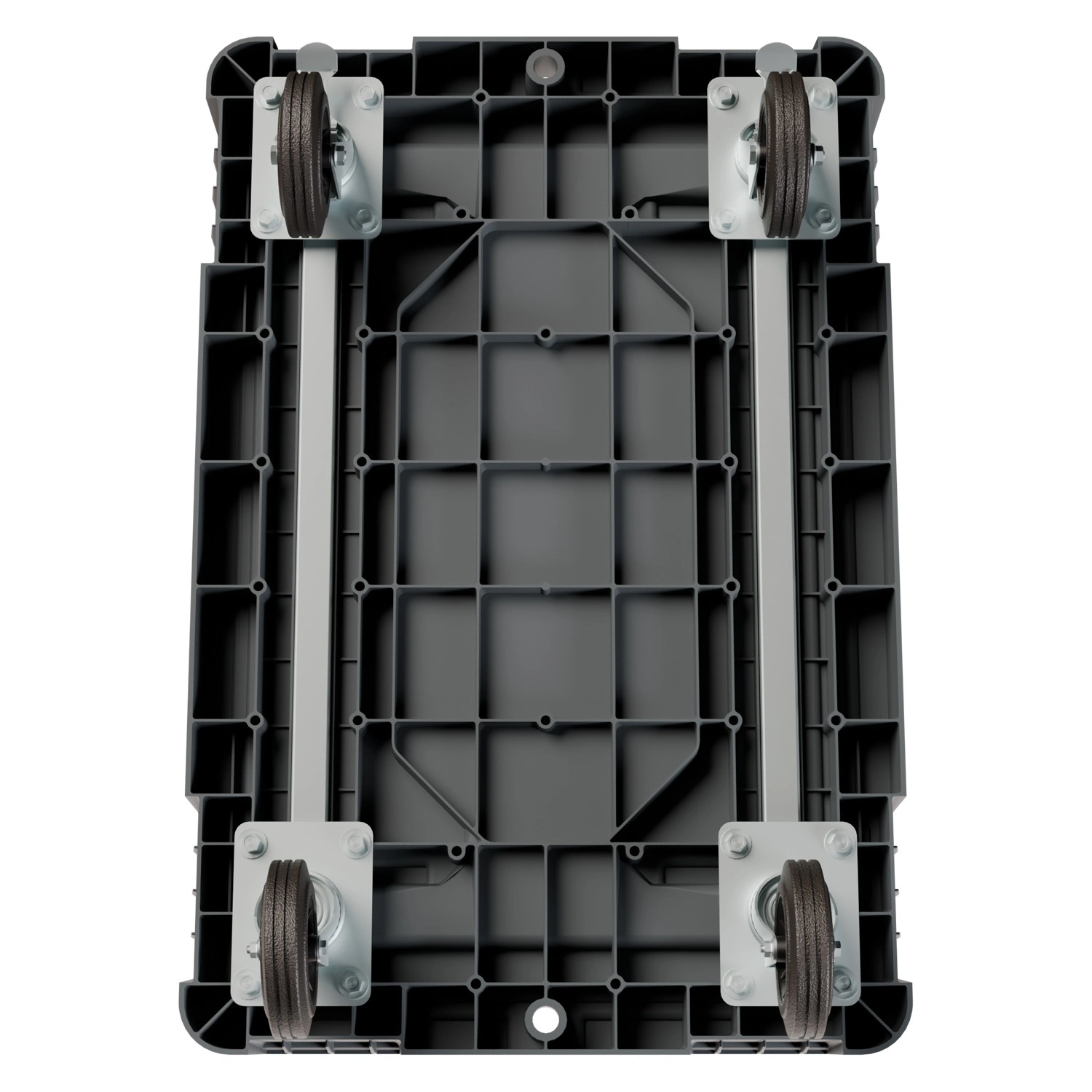 Складская тележка 620х420х185 мм iPlast серая 4-колёсная (2 колеса с тормозом) с 2 трубами усиления