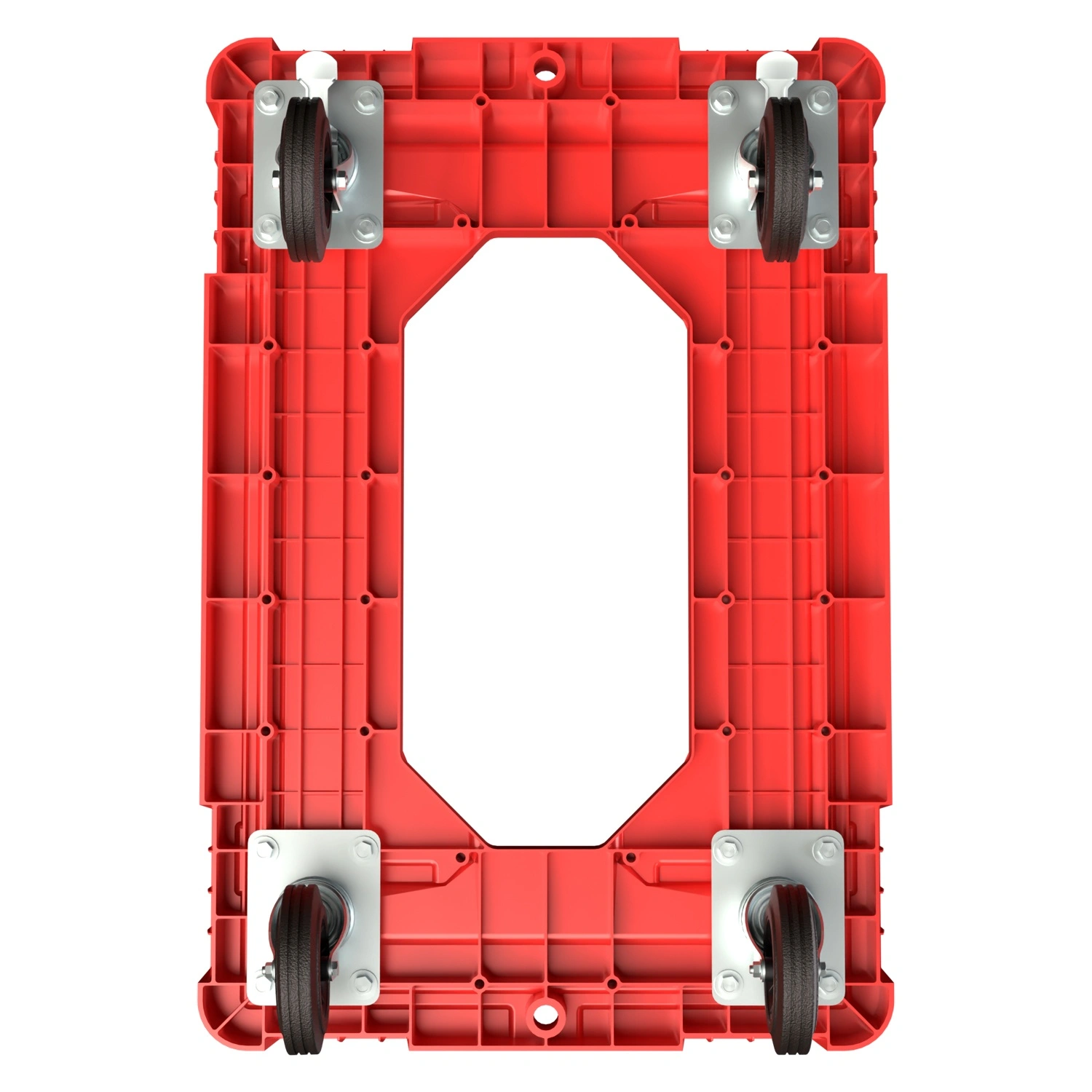 Складская тележка 620x420x185 мм iPlast красная 4-колёсная (2 колеса с тормозом) с отверстием Складская тележка 620x420x185 мм iPlast красная 4-колёсная (2 колеса с тормозом) с отверстием