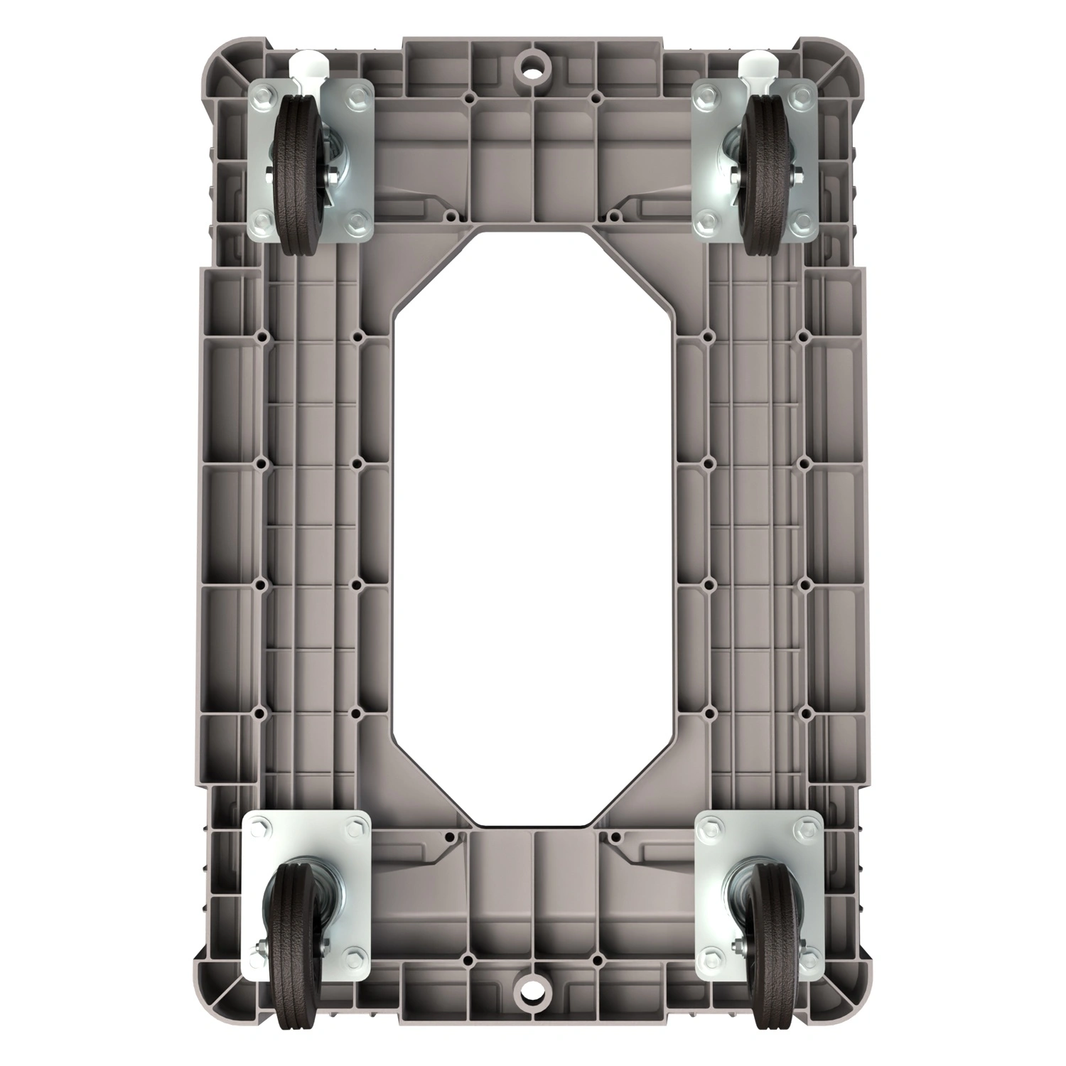 Складская тележка 620x420x185 мм iPlast серая 4-колёсная (2 колеса с тормозом) с отверстием Складская тележка 620x420x185 мм iPlast серая 4-колёсная (2 колеса с тормозом) с отверстием