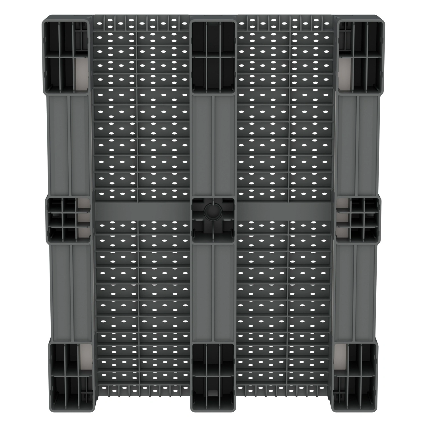 Пластиковый паллет 1200х1000х150 мм iPlast серый перфорированный на 3 полозьях с бортиком и 2 трубами усиления