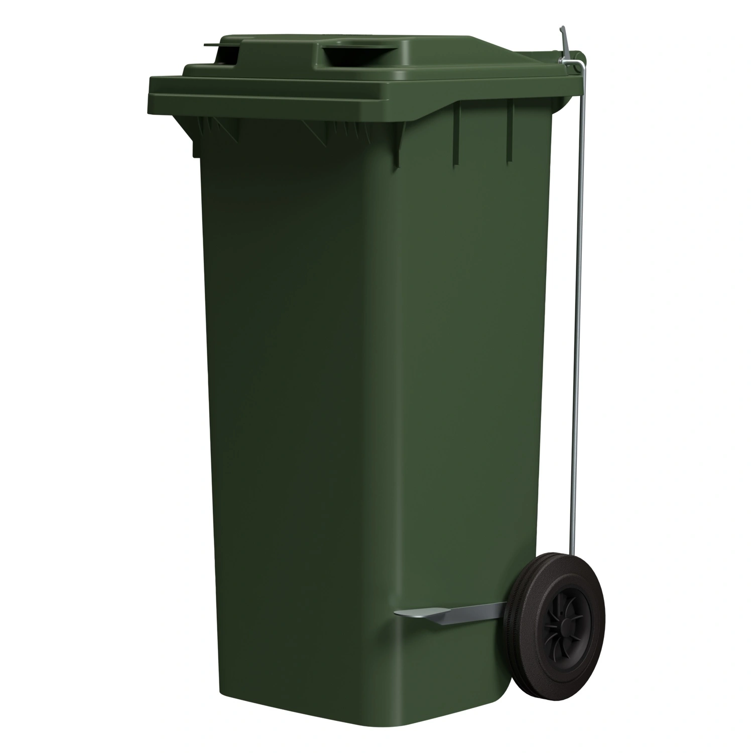 Мусорный контейнер 120 л iPlast зелёный 2-колёсный с зелёной крышкой и педалью открывания