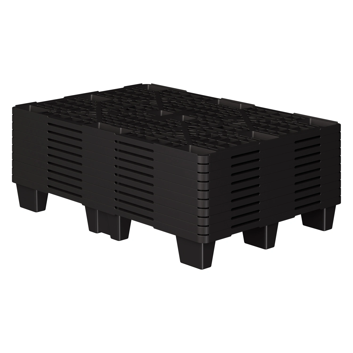 Пластиковый паллет 1200x800x140 мм iPlast чёрный ЭКО перфорированный на ножках с бортиком Пластиковый паллет 1200x800x140 мм iPlast чёрный ЭКО перфорированный на ножках с бортиком