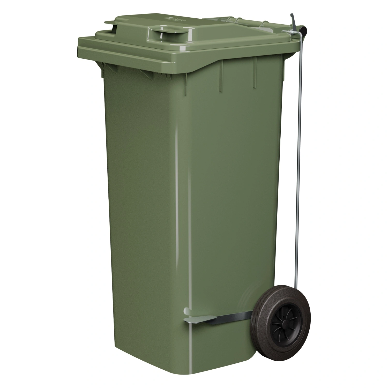 Мусорный контейнер 120 л iPlast зелёный 2-х колёсный с зелёной крышкой и педалью открывания