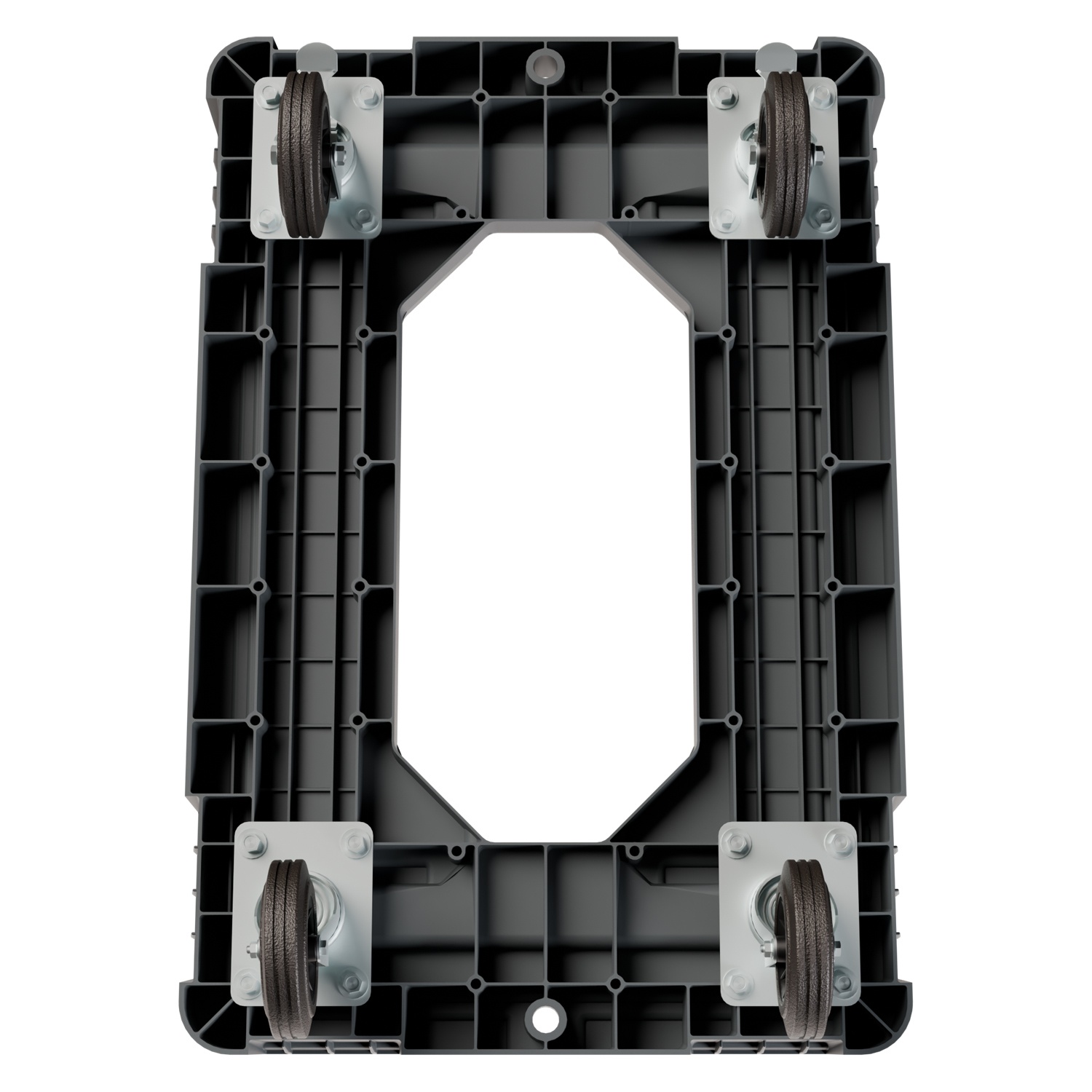 Складская тележка 620x420x185 мм iPlast серая 4-колёсная (2 колеса с тормозом) с отверстием