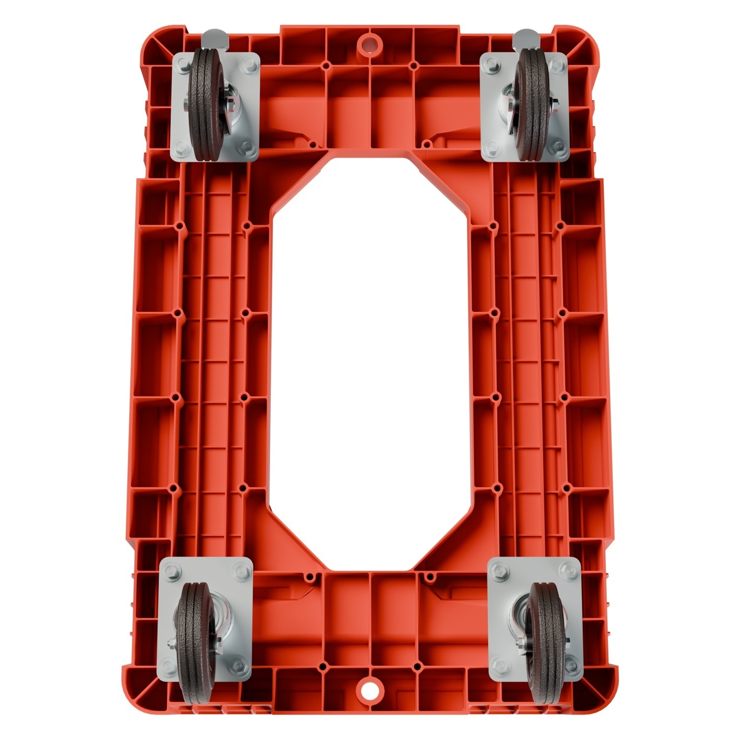 Складская тележка 620x420x185 мм iPlast красная 4-колёсная (2 колеса с тормозом) с отверстием