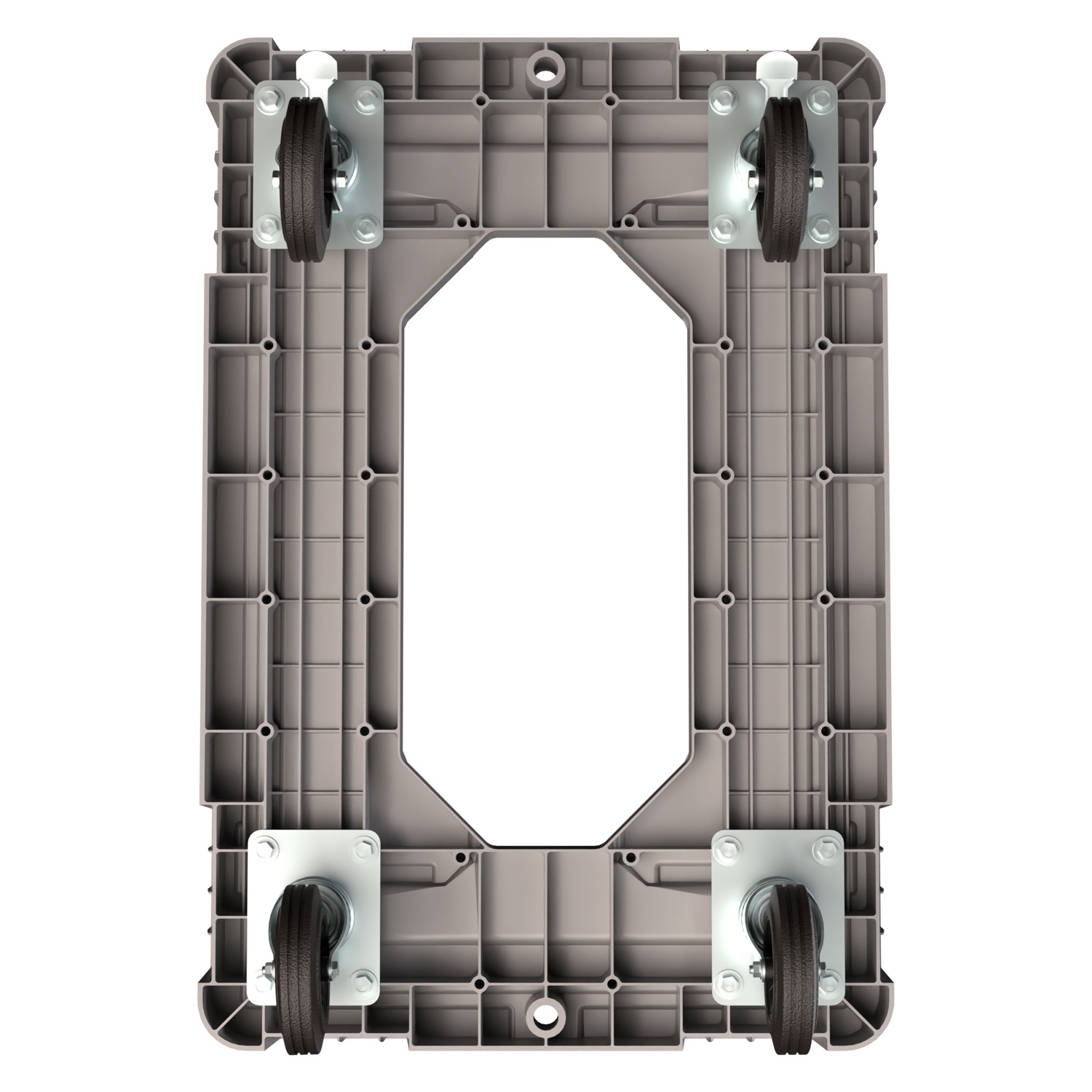 Складская тележка 620x420x185 мм iPlast серая 4-колёсная (2 колеса с тормозом) с отверстием