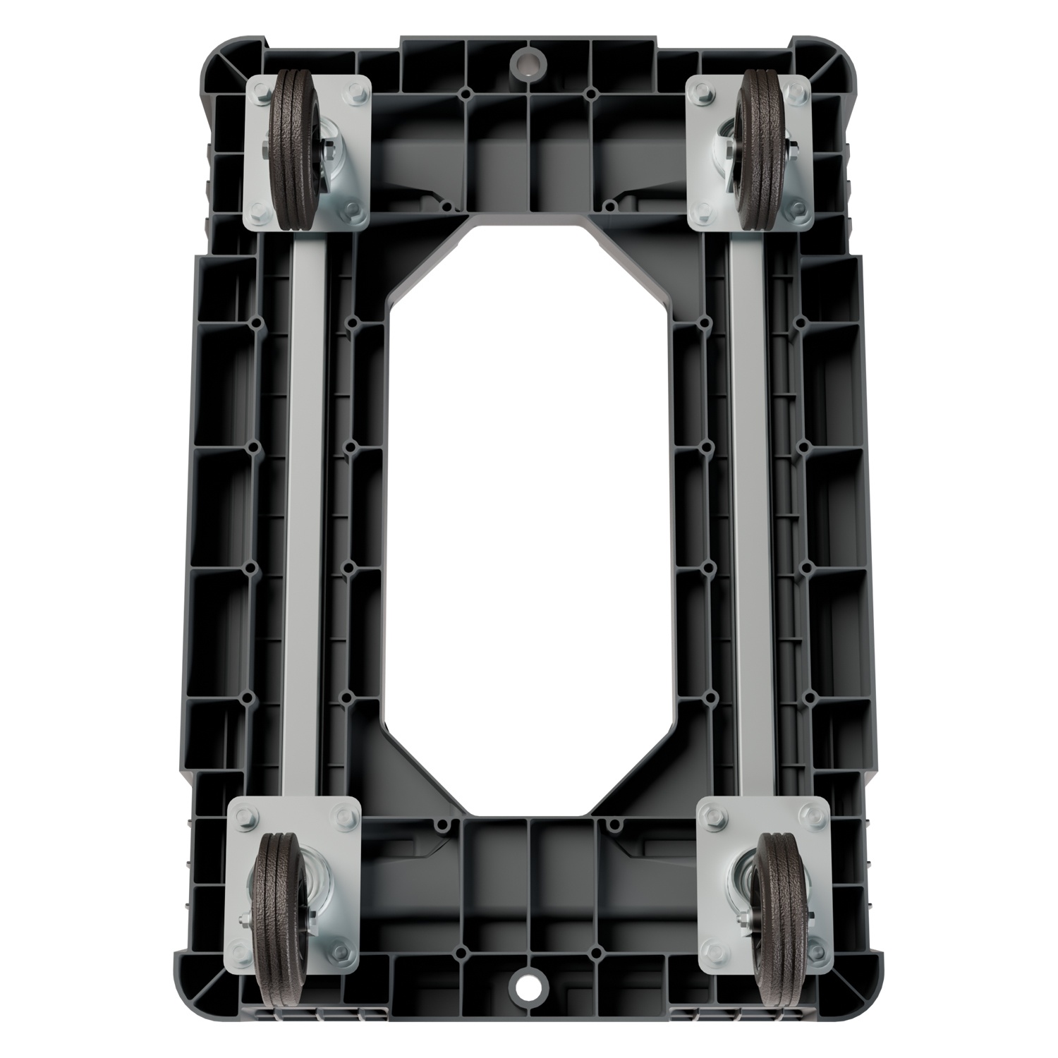 Складская тележка 620х420х185 мм iPlast серая 4-колёсная (2 колеса с тормозом) с отверст. и 2 трубами усил.