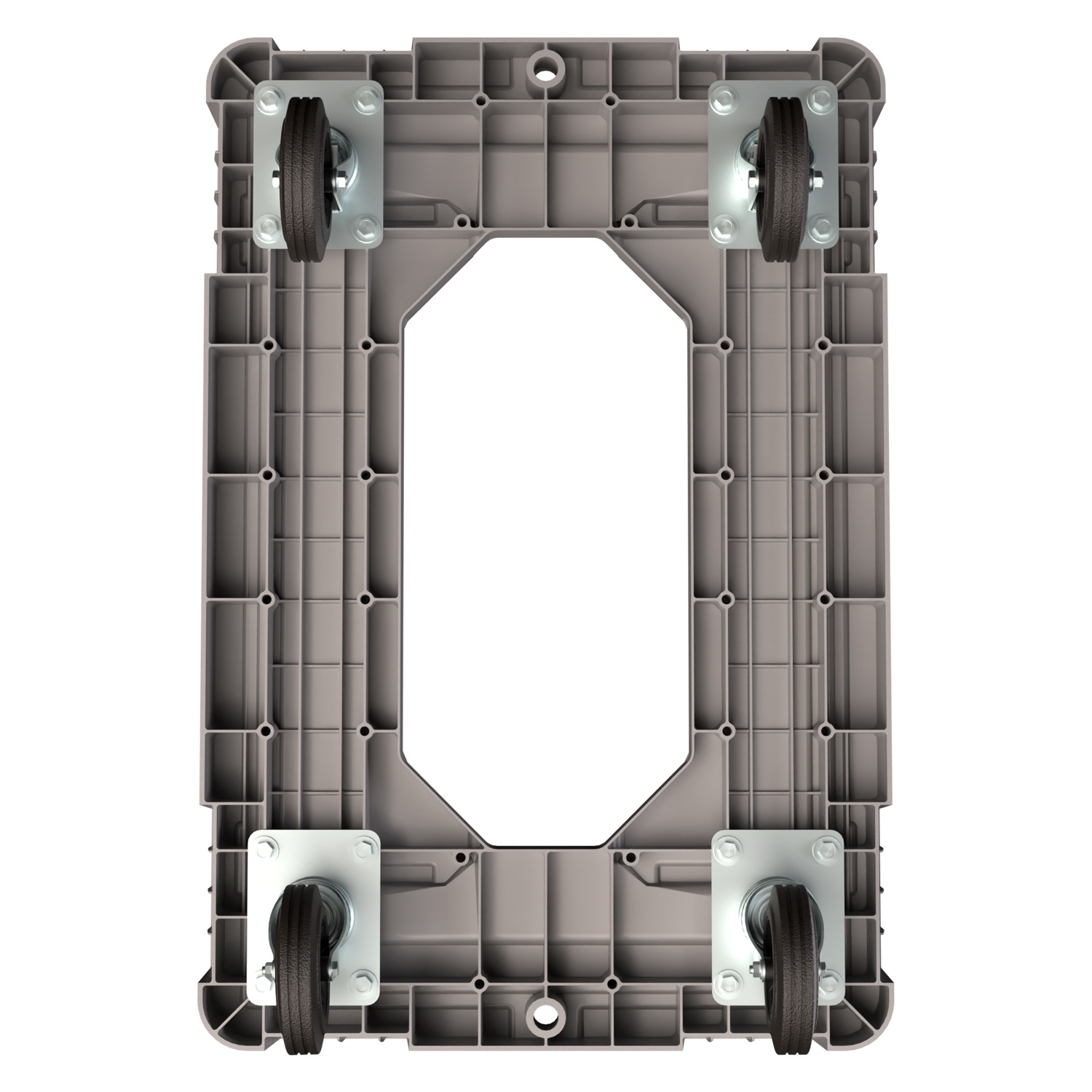 Складская тележка 620x420x185 мм iPlast серая 4-колёсная, без тормоза с отверстием Складская тележка 620x420x185 мм iPlast серая 4-колёсная, без тормоза с отверстием