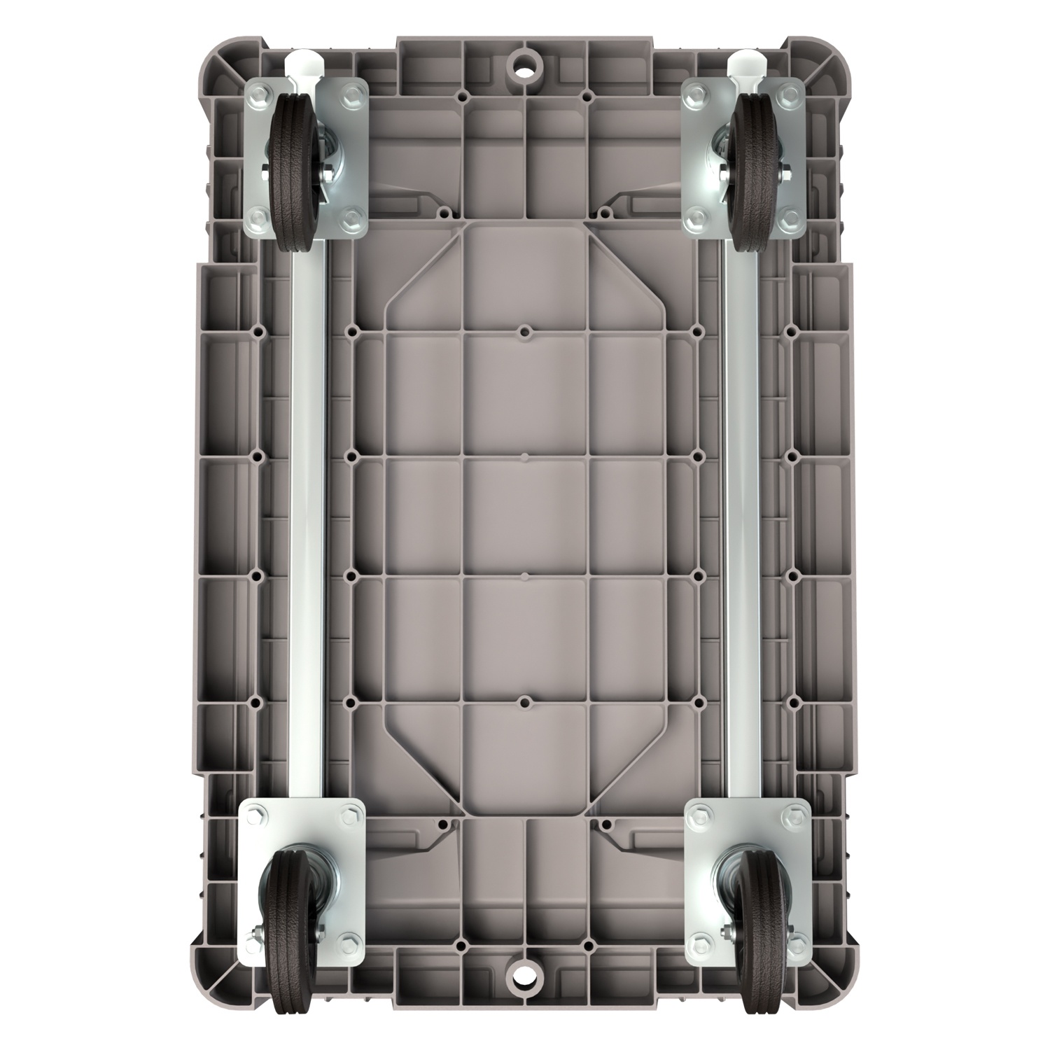 Складская тележка 620х420х185 мм iPlast серая 4-колёсная (2 колеса с тормозом) с 2 трубами усиления