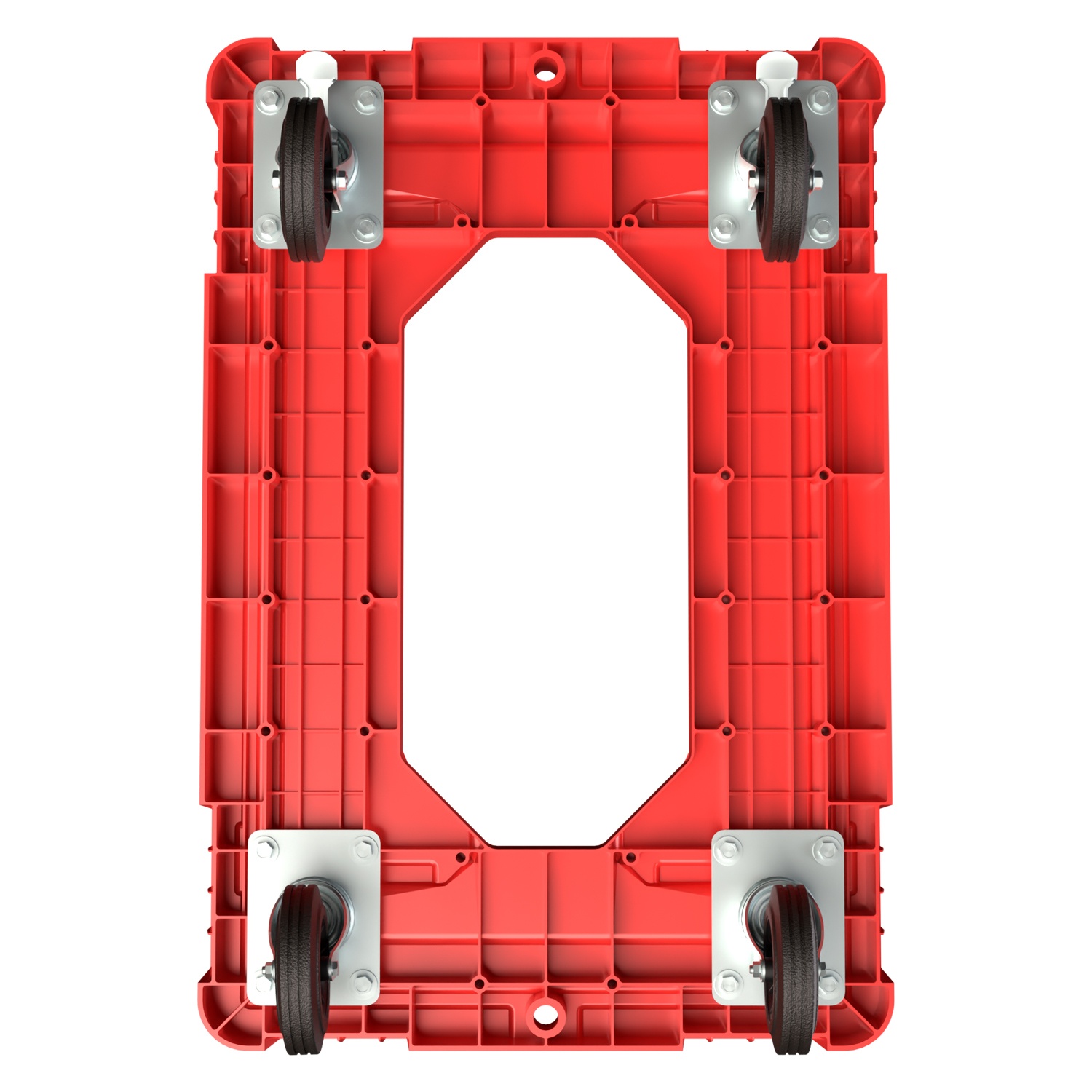 Складская тележка 620x420x185 мм iPlast красная 4-колёсная (2 колеса с тормозом) с отверстием