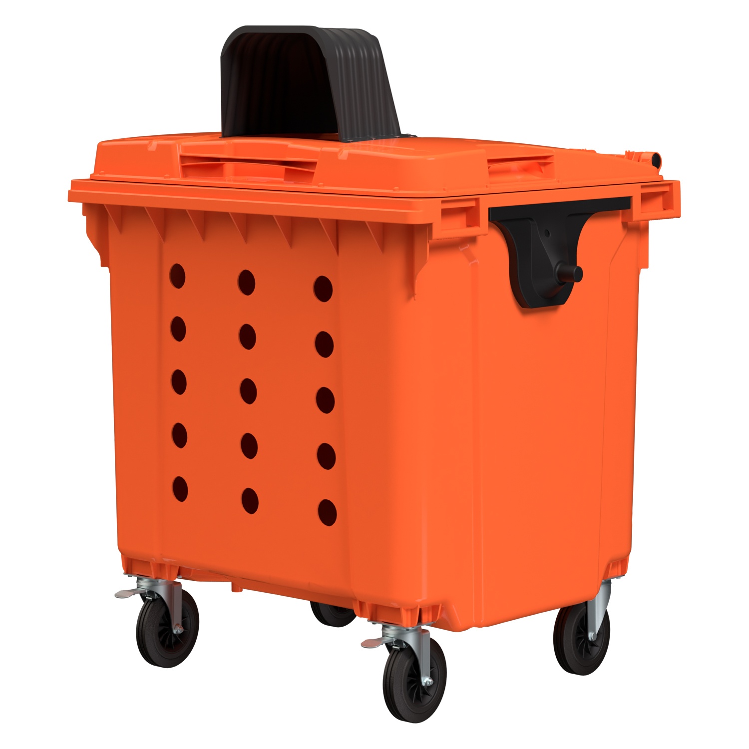 Мусорный контейнер 1100 л iPlast оранж. 4-колёсный перфорир. с оранж. крышкой и капюшоном 260 мм N1 (20.807.1)