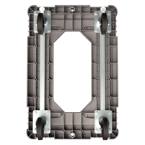 Складская тележка 620х420х185 мм iPlast серая 4-колёсная (2 колеса с тормозом) с отверст. и 2 трубами усил.